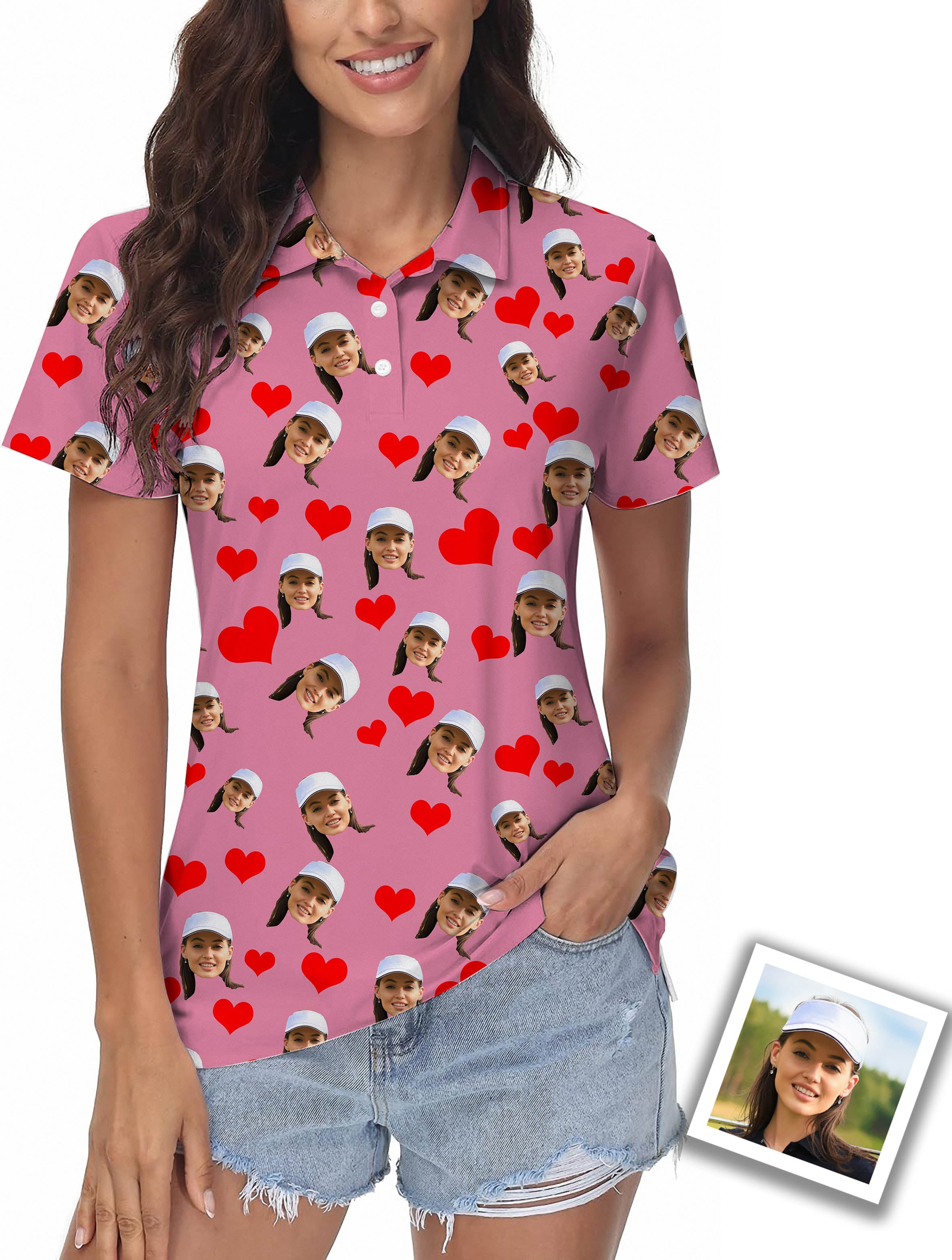 Custom red heart photo print women's golf polo shirt with four-way stretch and moisture-wicking fabric