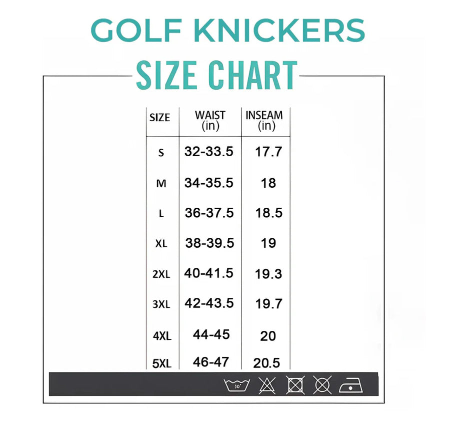 Leaf clover St. Patrick's men's golf knickers size chart with waist and inseam measurements and care instructions