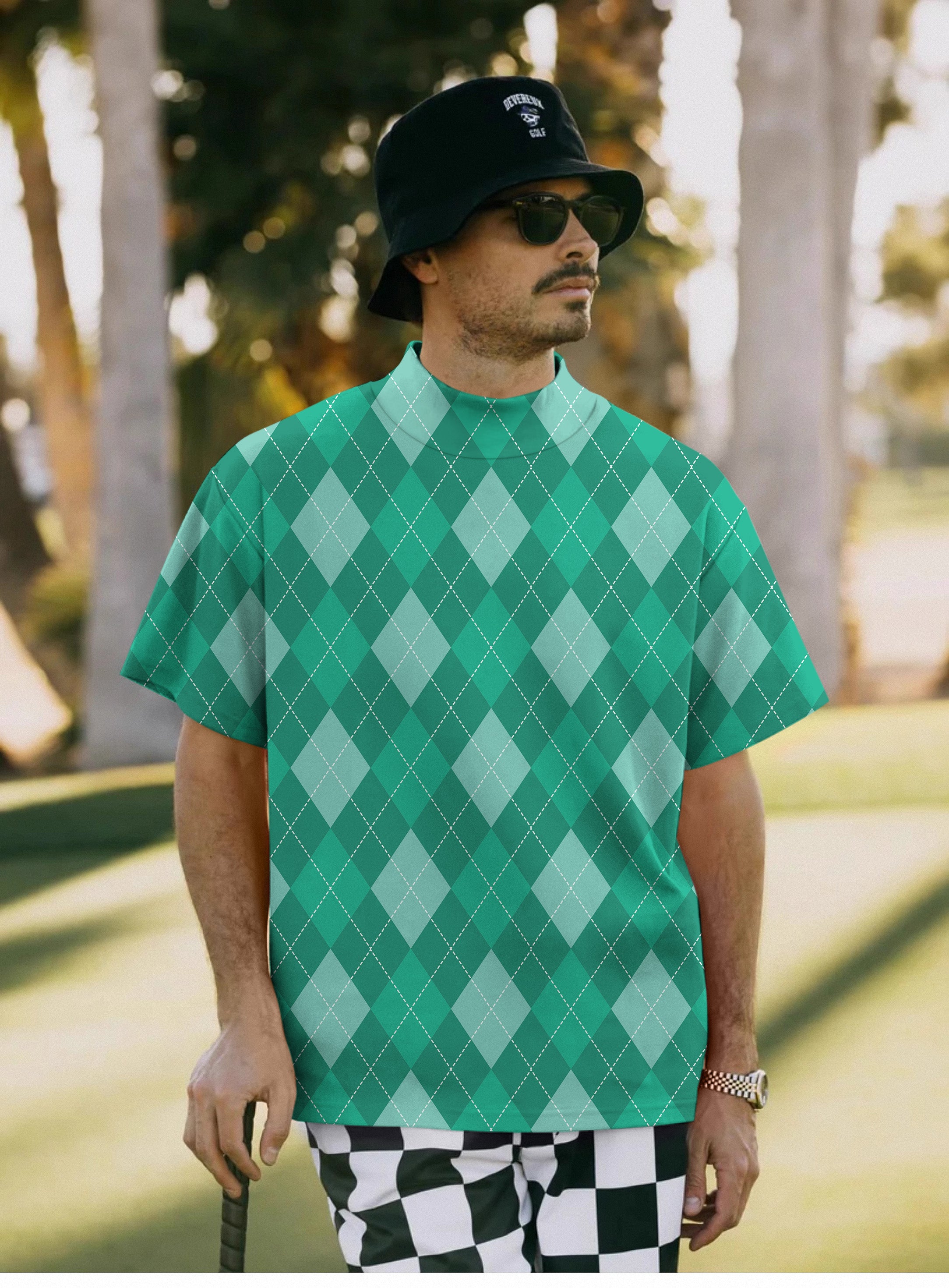 Men's Green Argyle Pullover High neck Long/Short sleeve T-Shirt