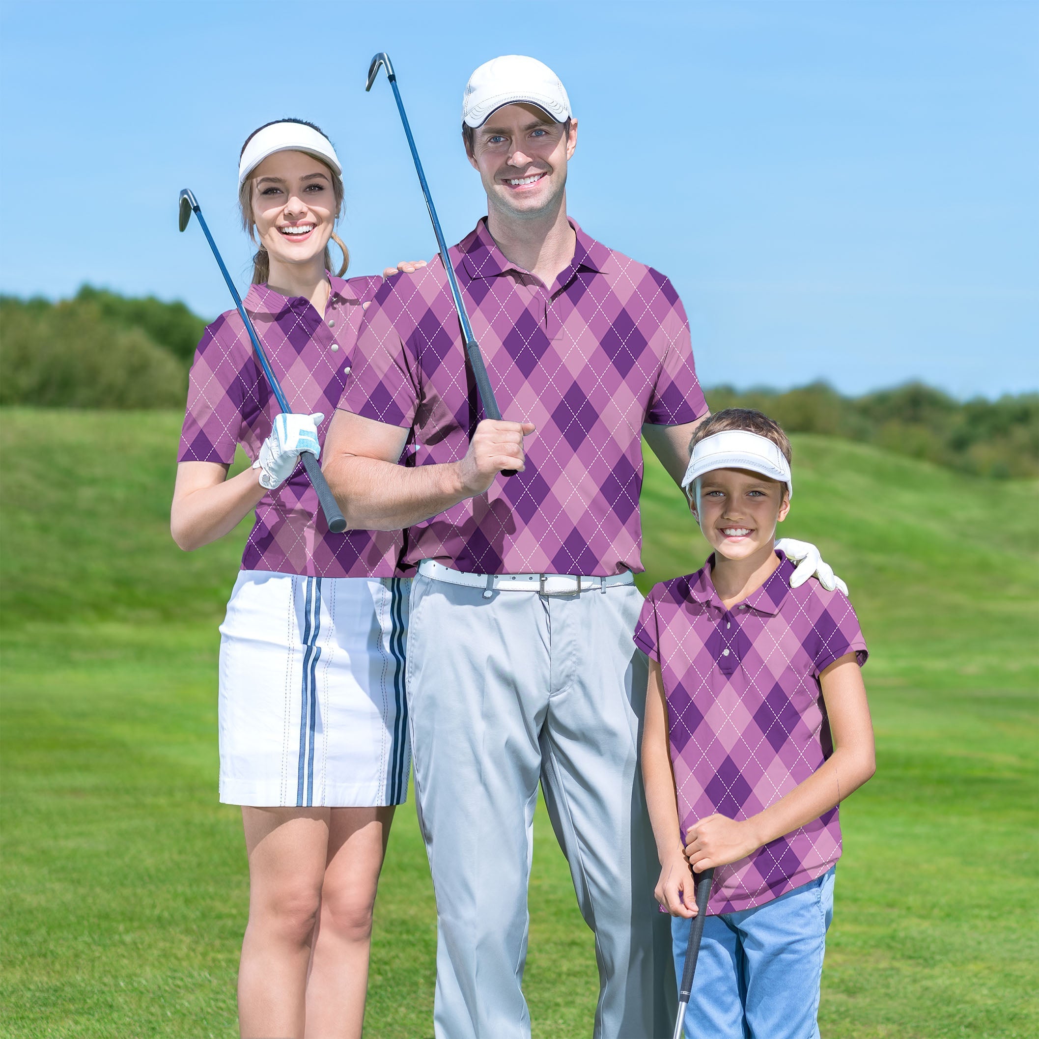 family wearing purple Argyle set golf outfits on golf course