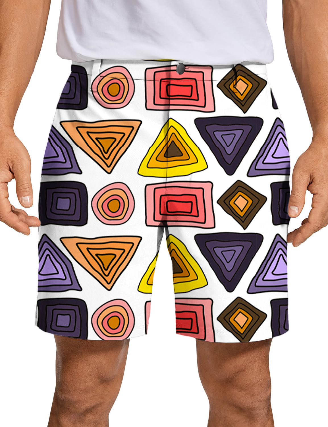 Men's golf shorts with colorful triangle tribal pattern, quick-dry, lightweight, and stretch fabric for performance and style