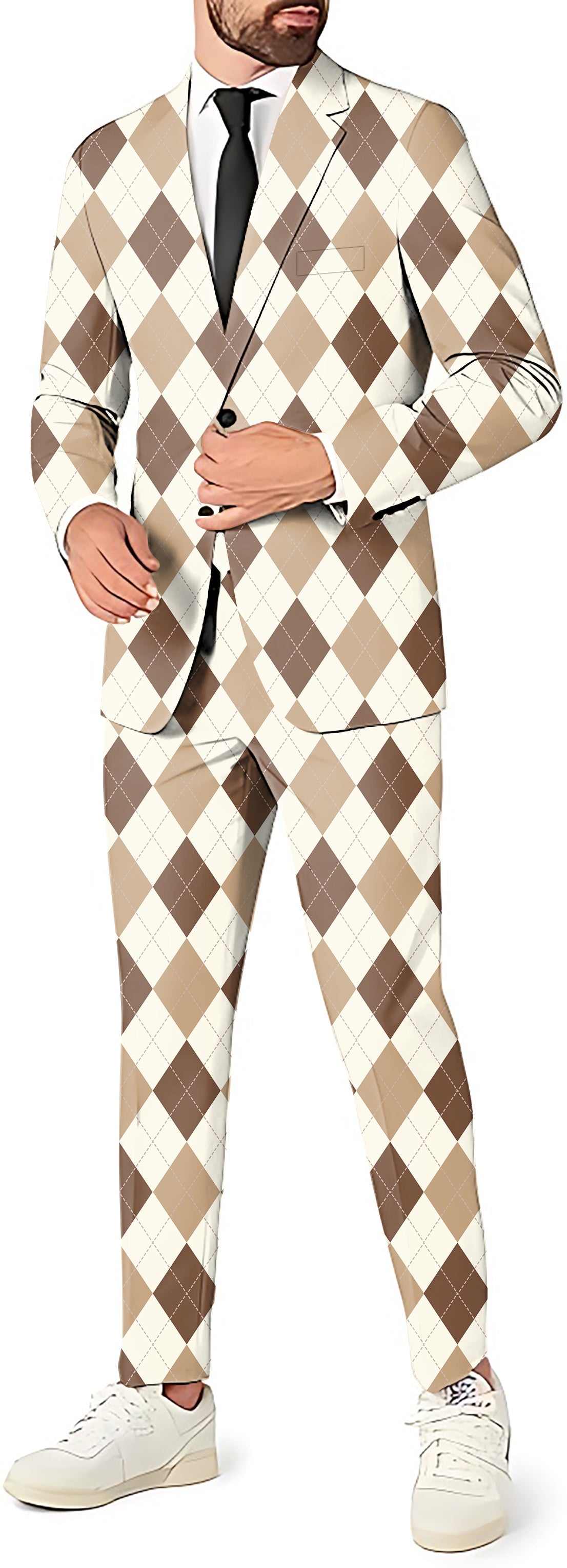 Brown Argyle Men's Party suit with blazer, vest, and pants set