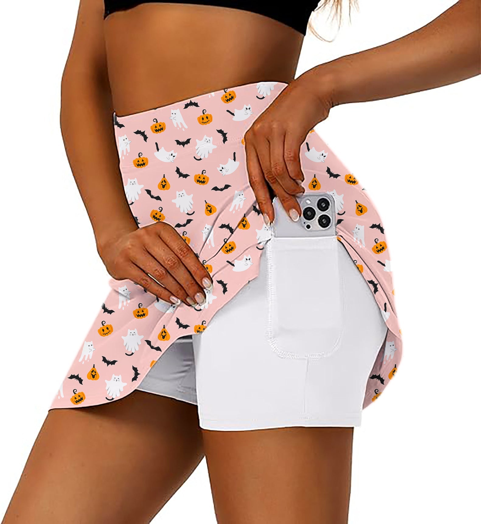 Women's Halloween kawaii ghost pumpkin golf skirt with inner shorts and phone pocket