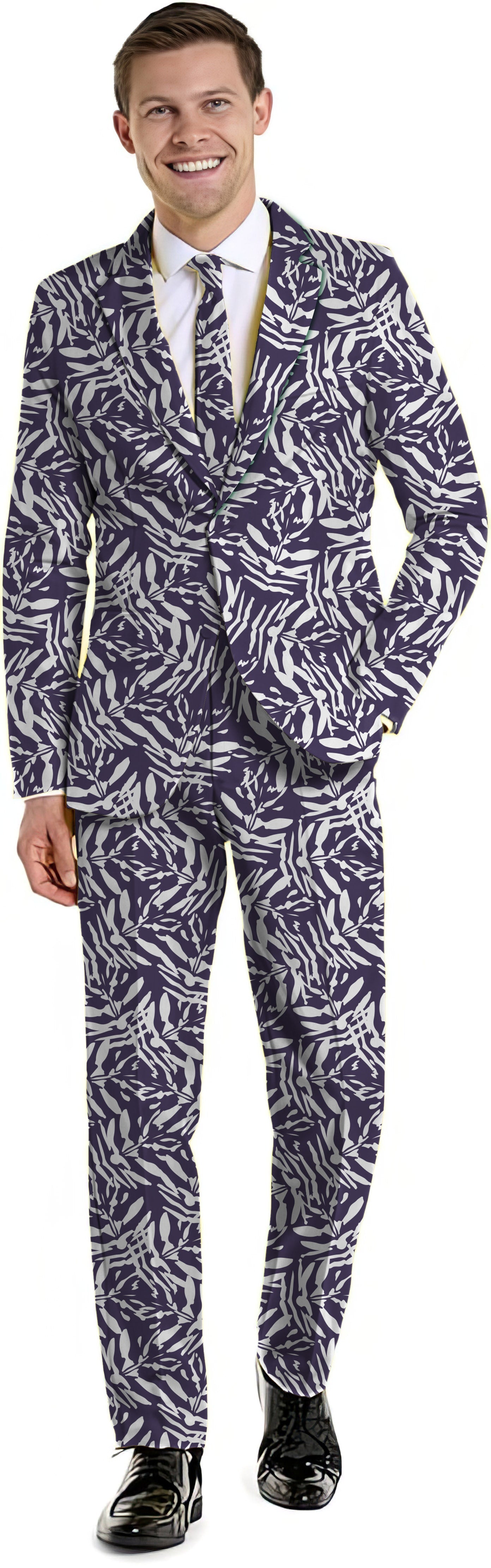 Navy men's party 3-piece suit with abstract blazer, pants, and vest for themed events
