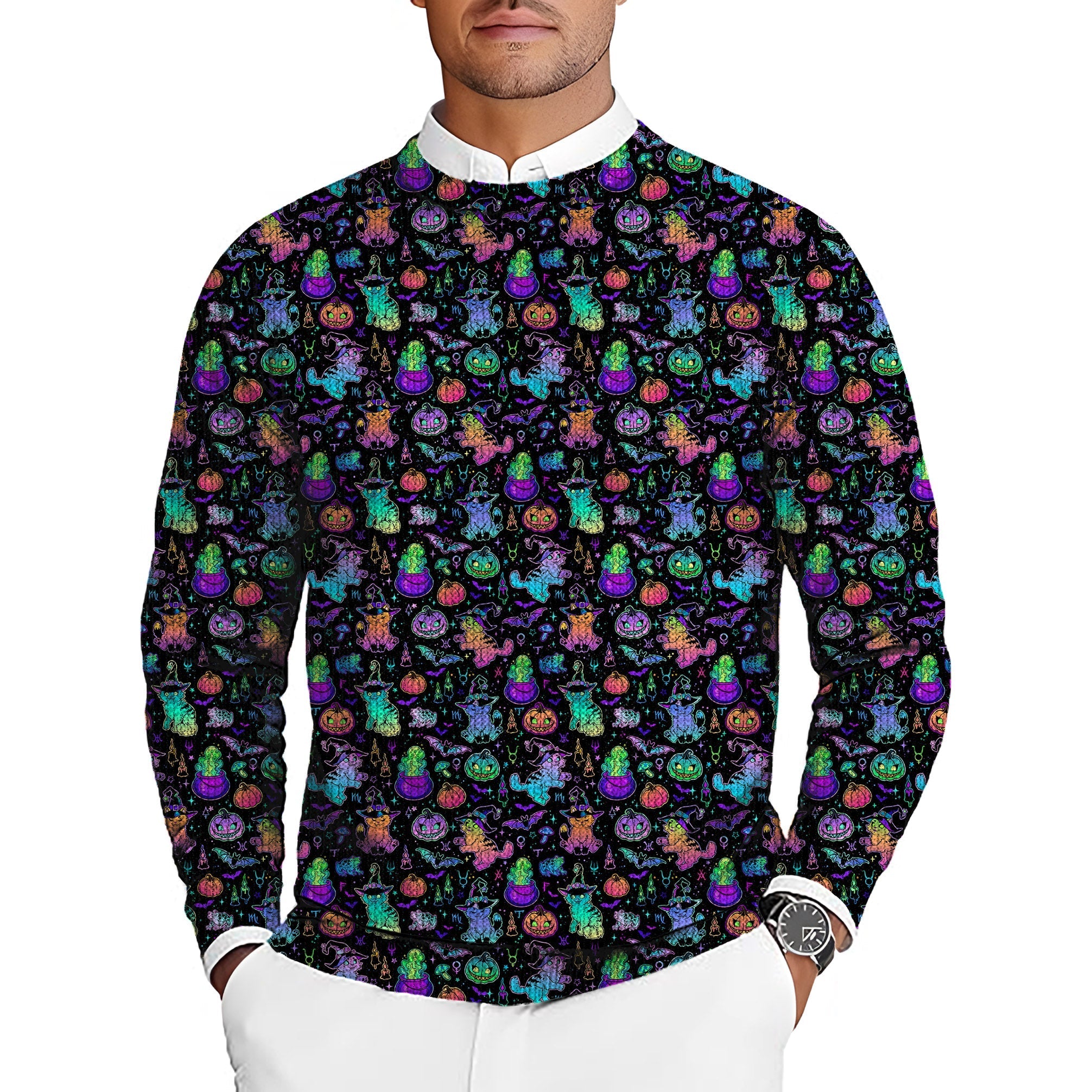Men's Halloween Constellation Cat golf crewneck pullover sweater with colorful spooky pattern