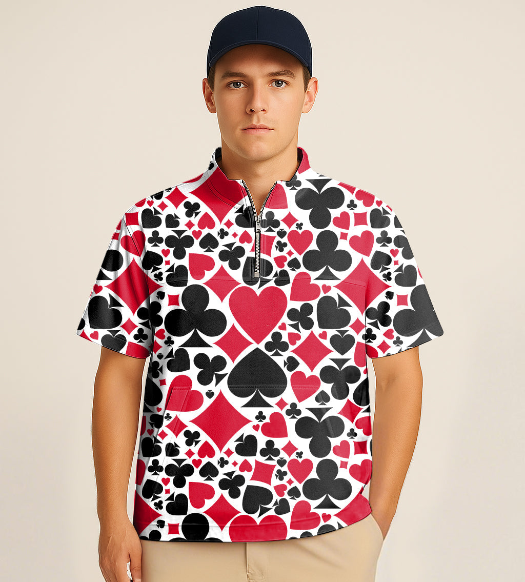 Man wearing half zipper turtleneck golf shirt with red and black poker card suit quilting design