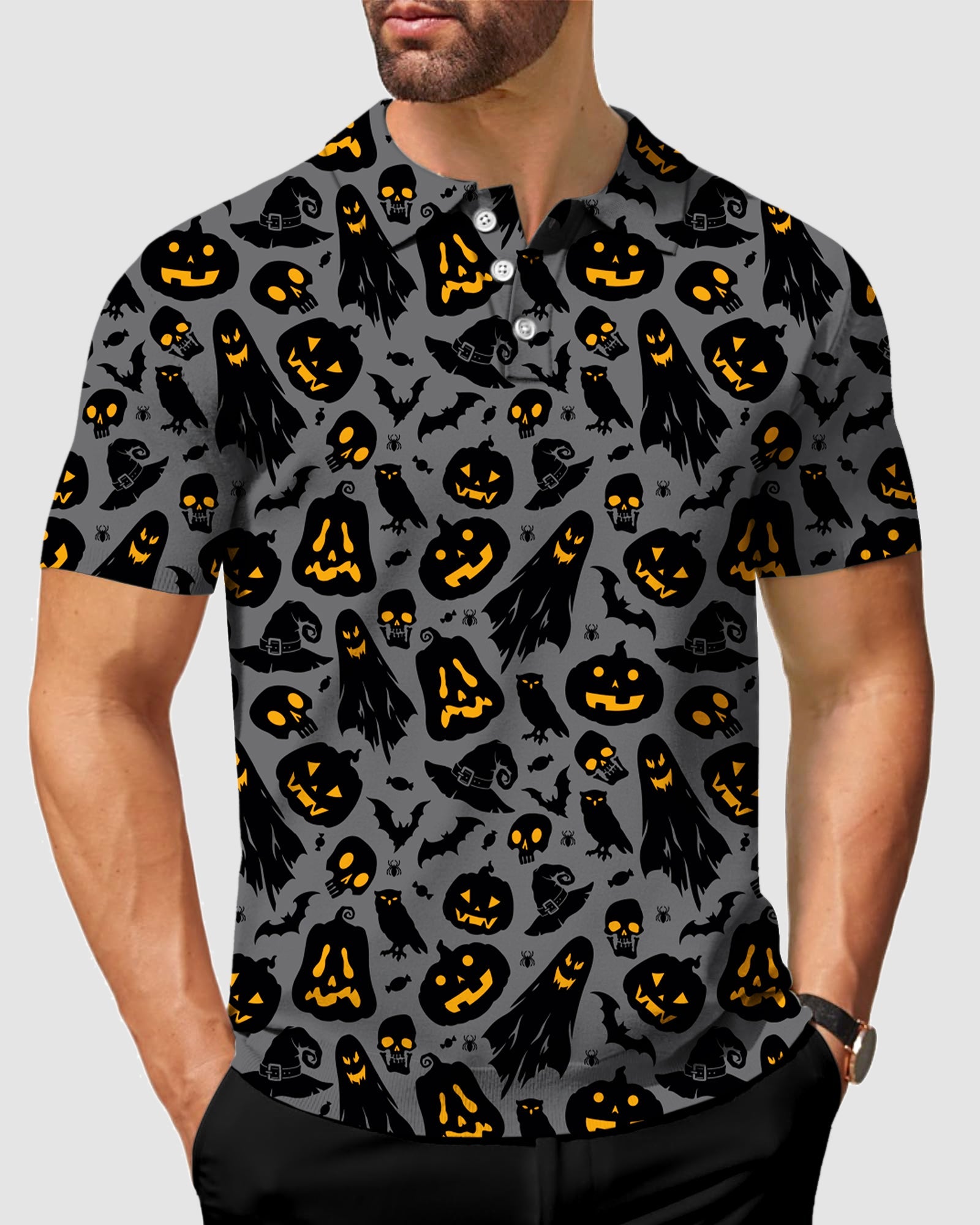 Men's Spooky Halloween golf polo with orange pumpkin and ghost pattern, moisture-wicking fabric, and classic fit