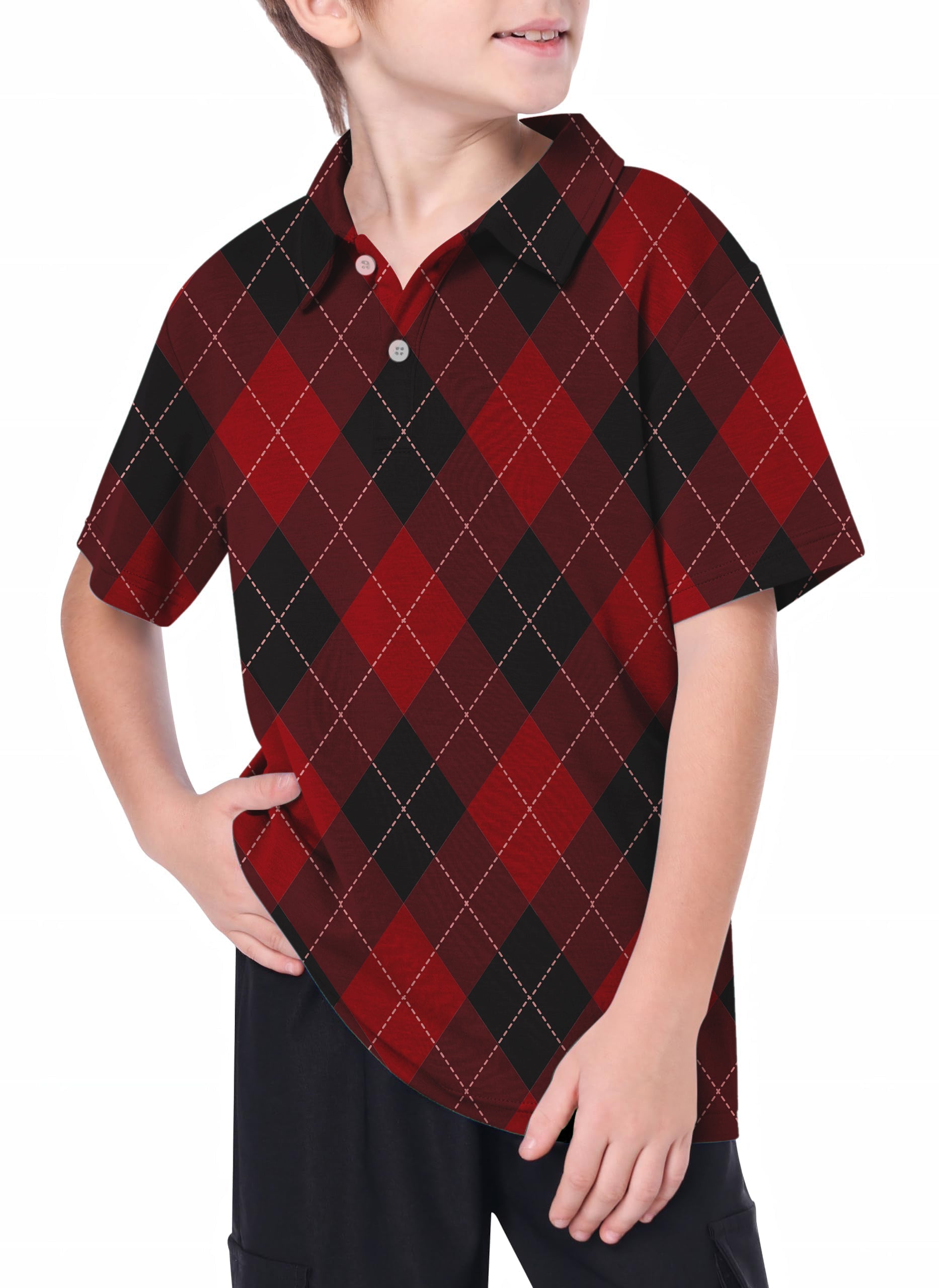 Youth red argyle golf polo with moisture-wicking, 4-way stretch, and UPF 40+ for outdoor youth women's activities