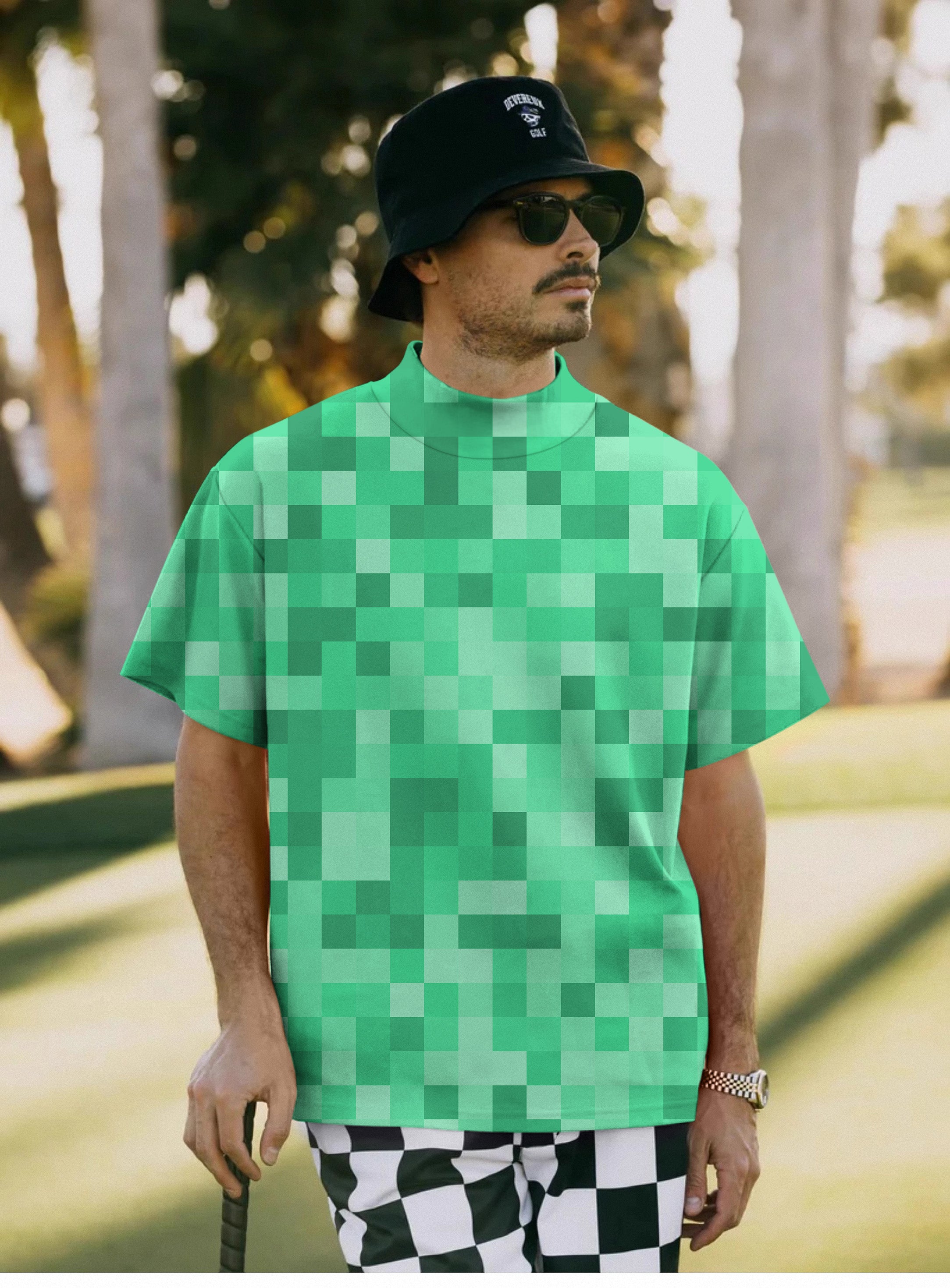 Men's Green Pixel Big Pullover High neck Long/Short sleeve T-Shirt