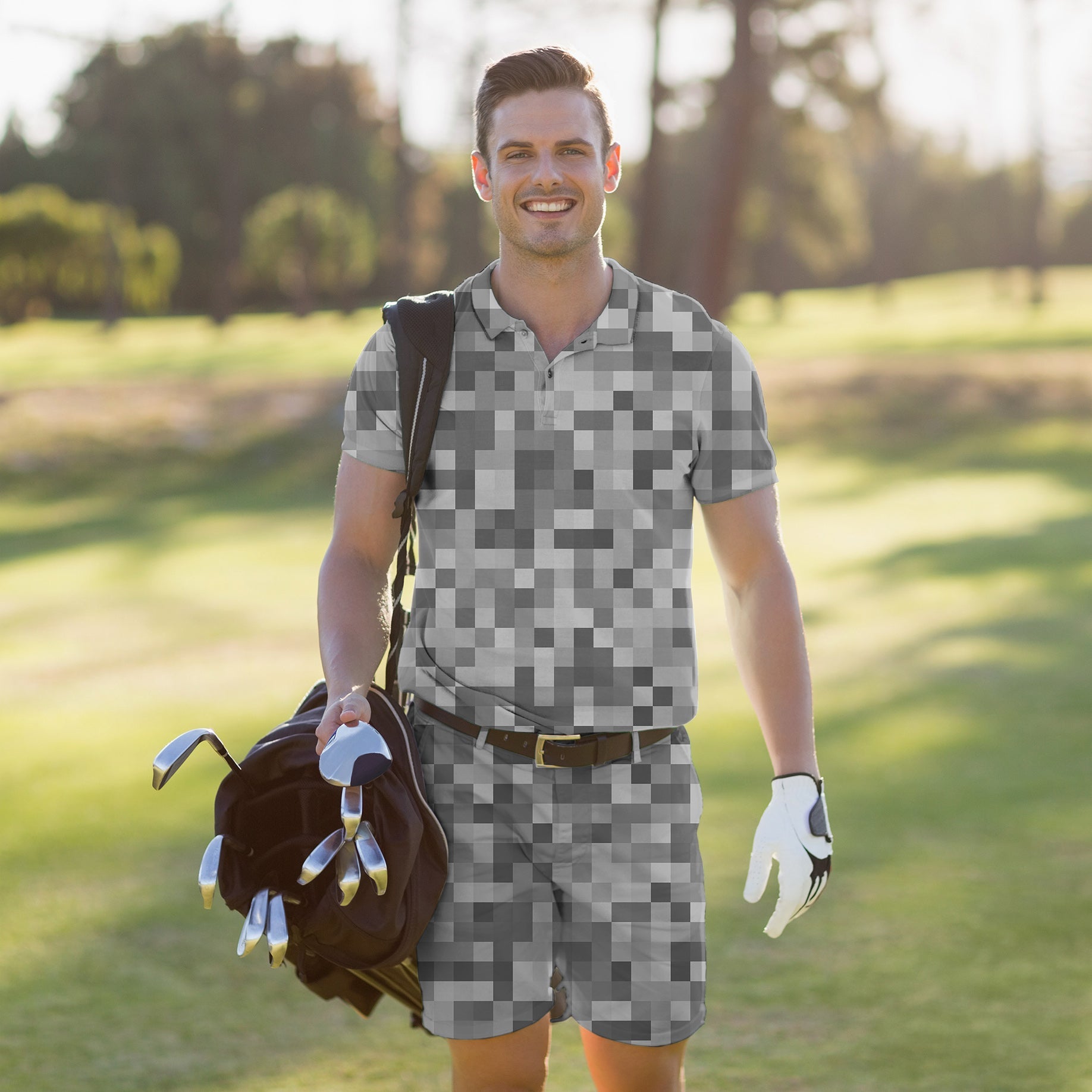 Men's golf set with grey pixel polo and shorts, moisture-wicking, four-way stretch, UPF 40+, wrinkle-resistant, classic fit.