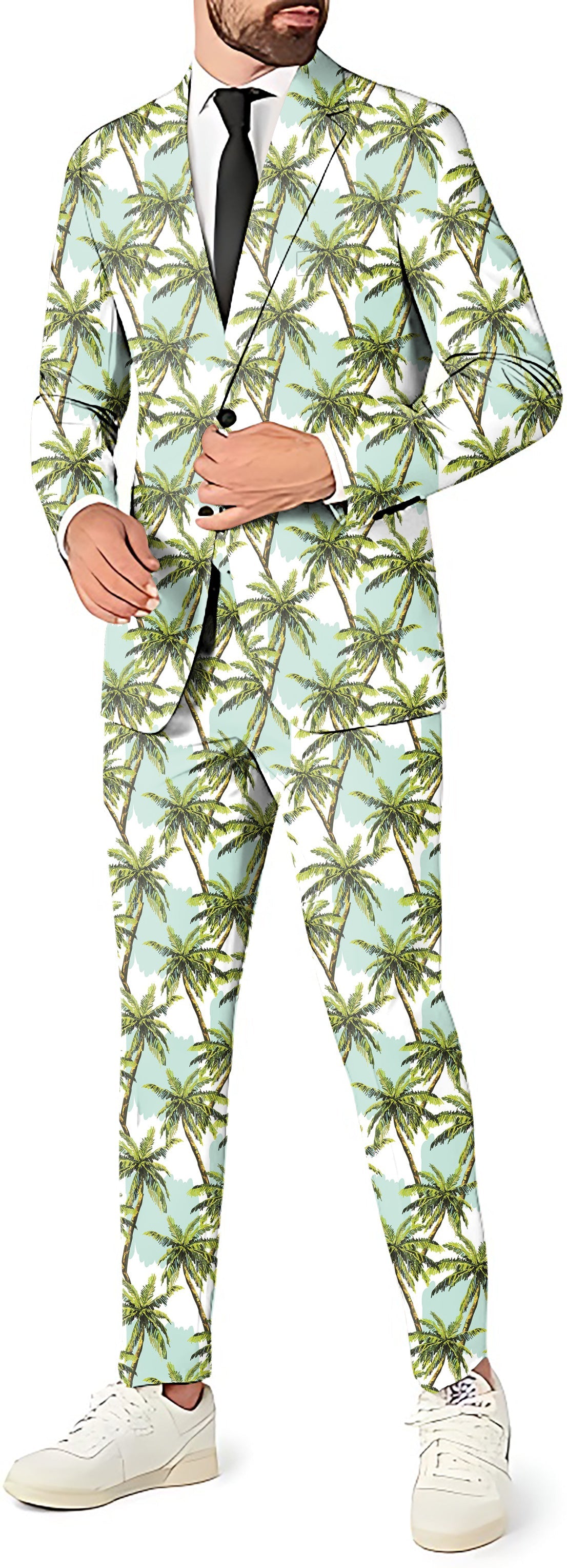 Men's party suit with coconut tree print blazer, pants, and vest set
