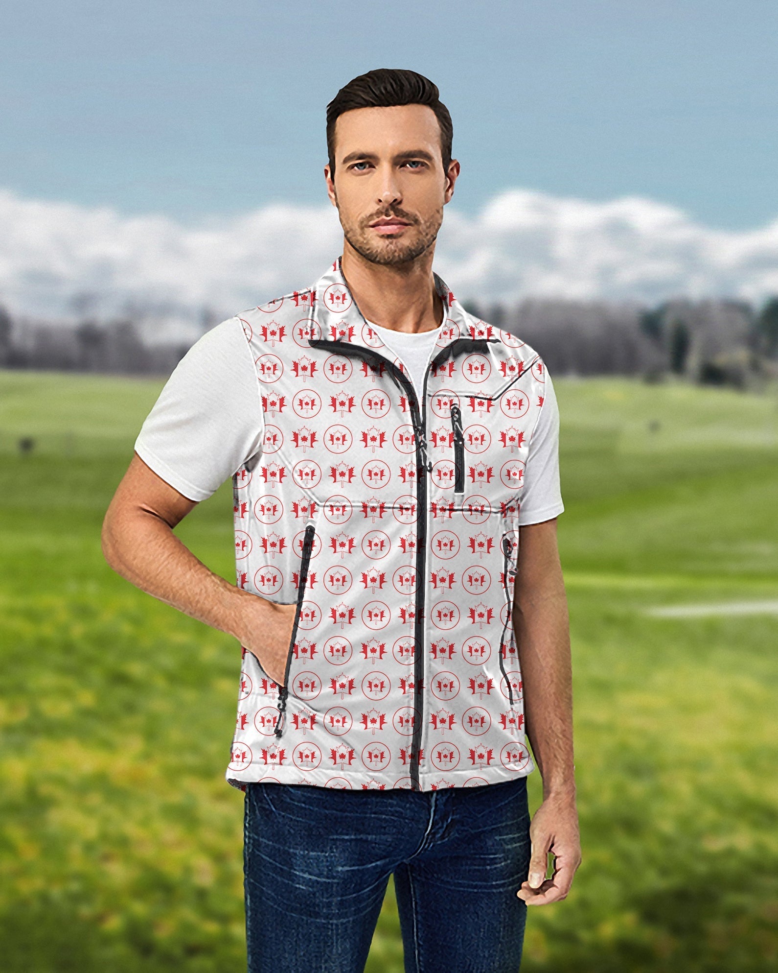 Men's Circle Canada lightweight softshell vest with maple leaves pattern, sleeveless golf jacket, windproof and waterproof design