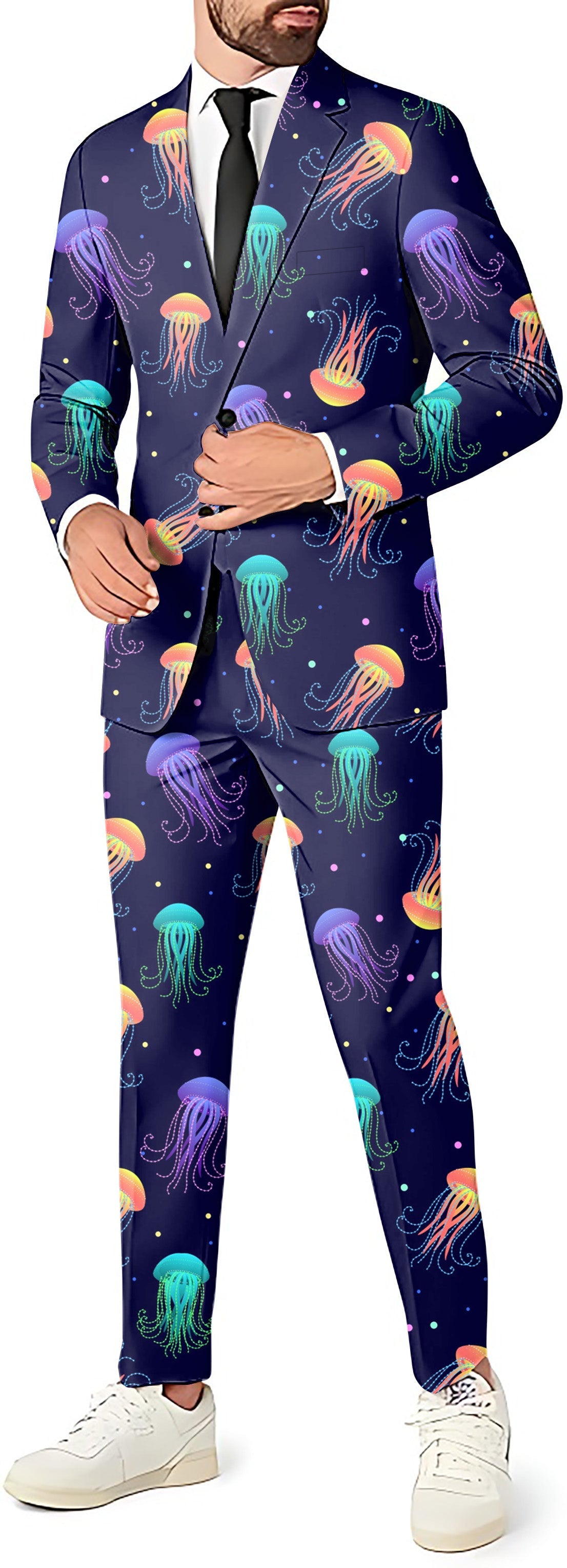 jellyfish men's party suit with blazer, pants, and vest featuring colorful jellyfish print