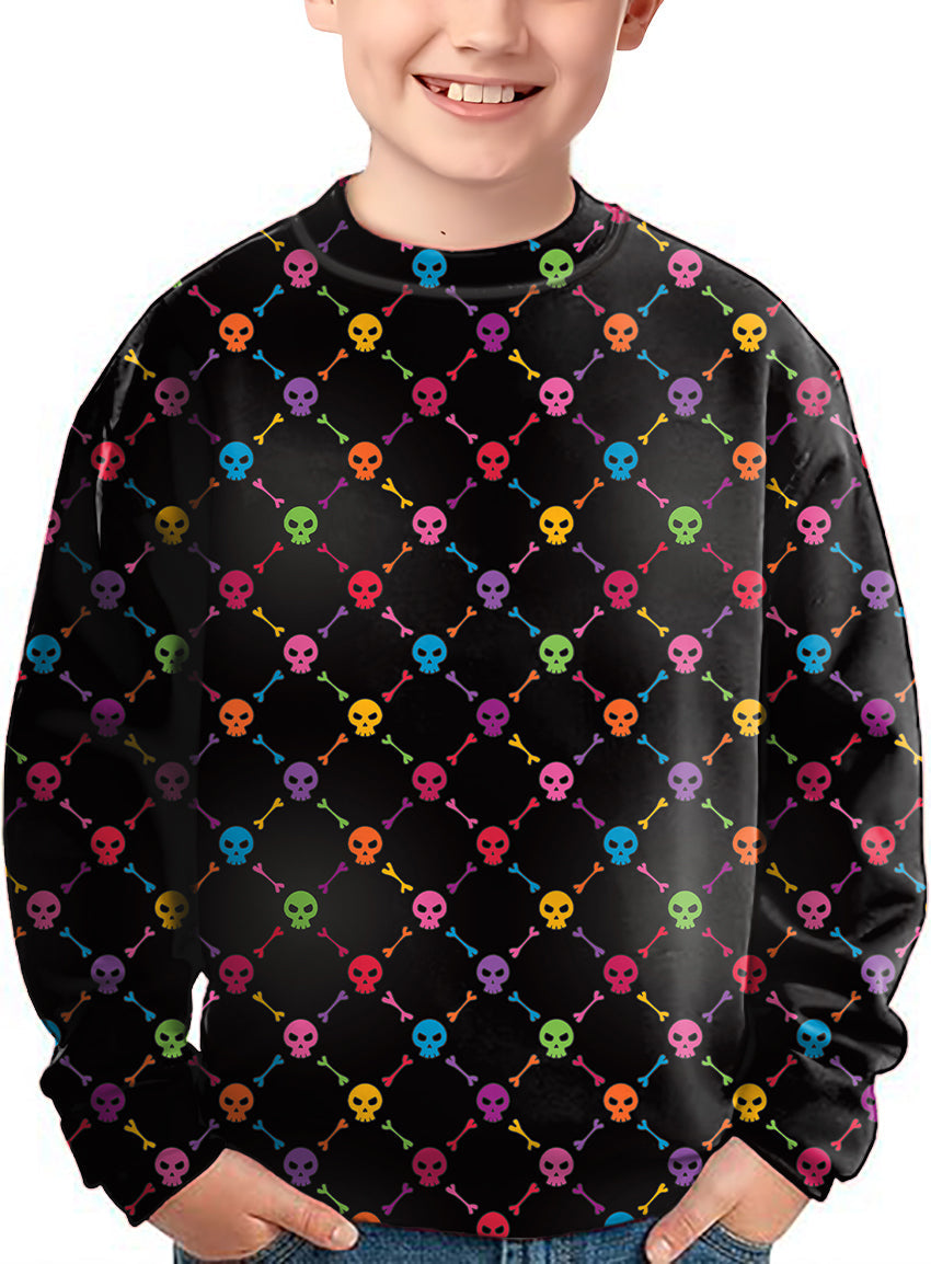 Kids Halloween Colors Skull Bones crewneck pullover with multicolor skull and bones pattern