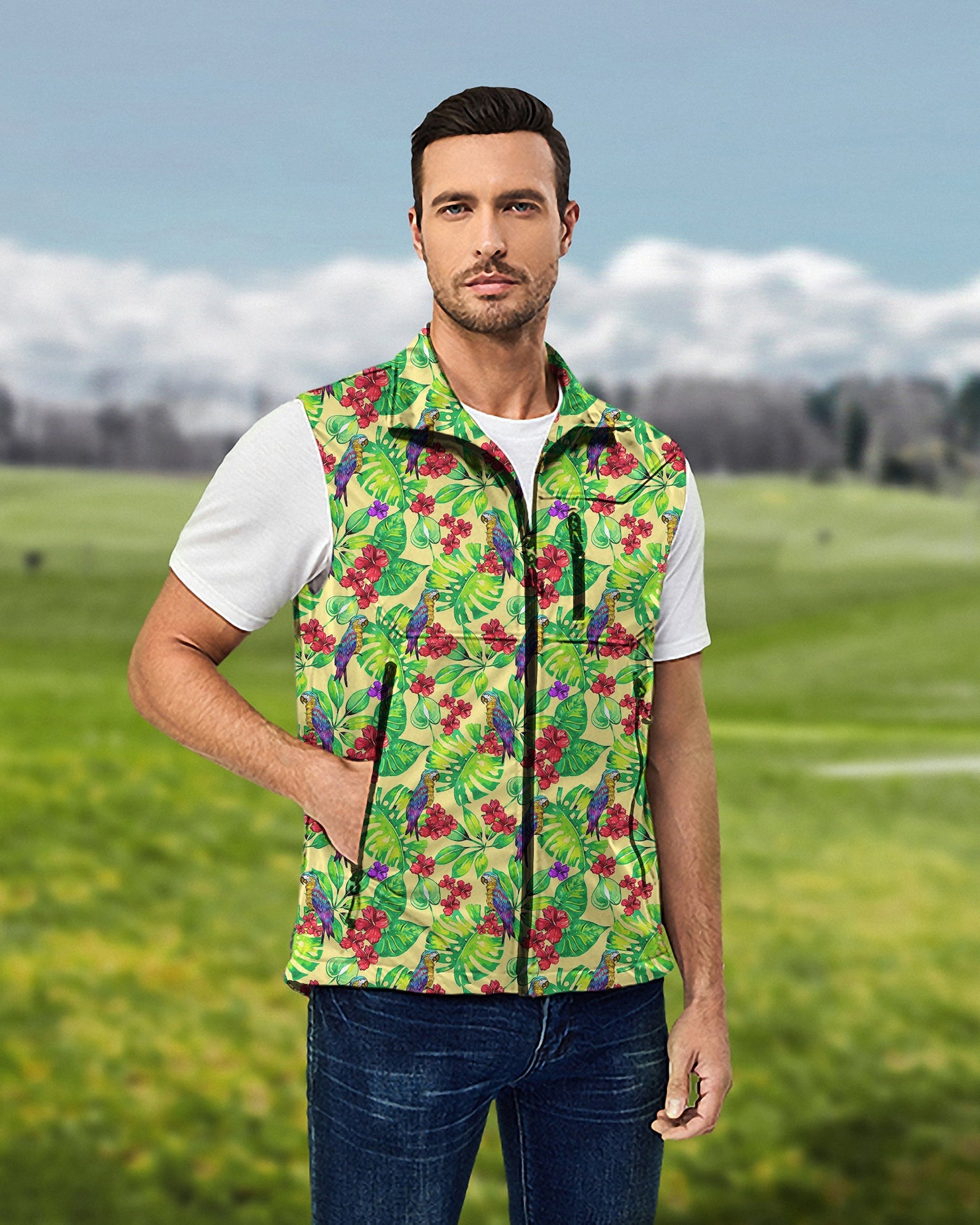 Men's Palm Leaf Toucan lightweight softshell vest sleeveless jacket with waterproof exterior and vibrant floral print for golf and outdoor activities