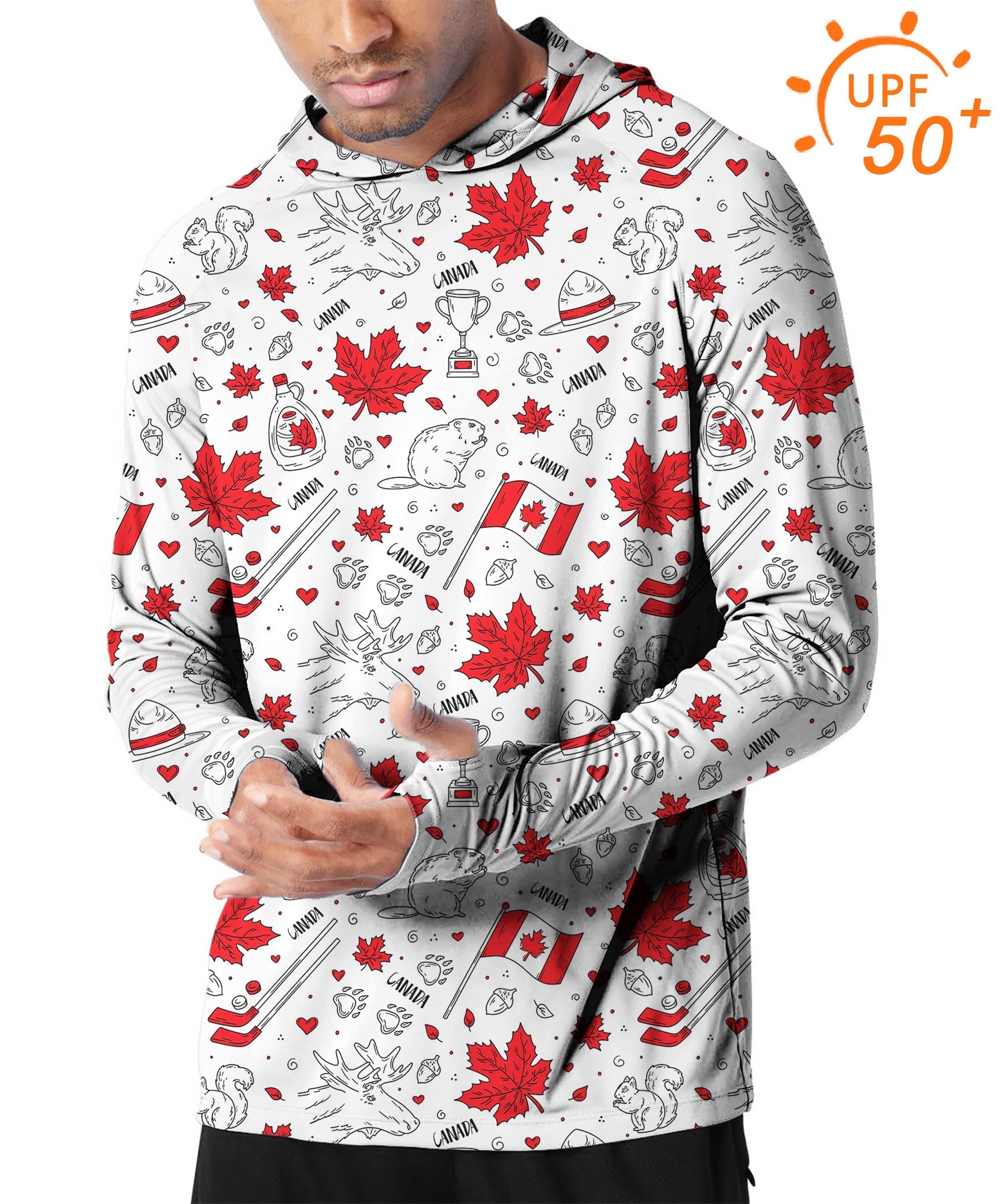 Men's slim fit hooded sun protection shirt with Canadian balloon squirrel and maple leaves print, UPF 50+ sun protection