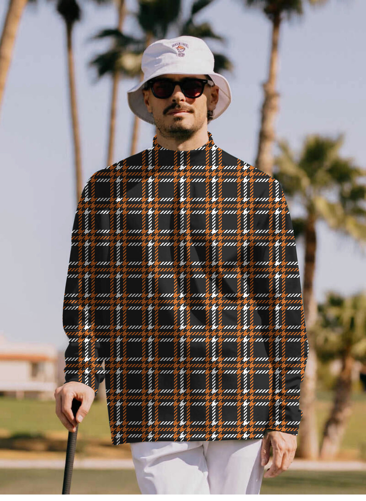 Men's Halloween black yellow white grid Mock Neck Long/Short Sleeve Golf Tops