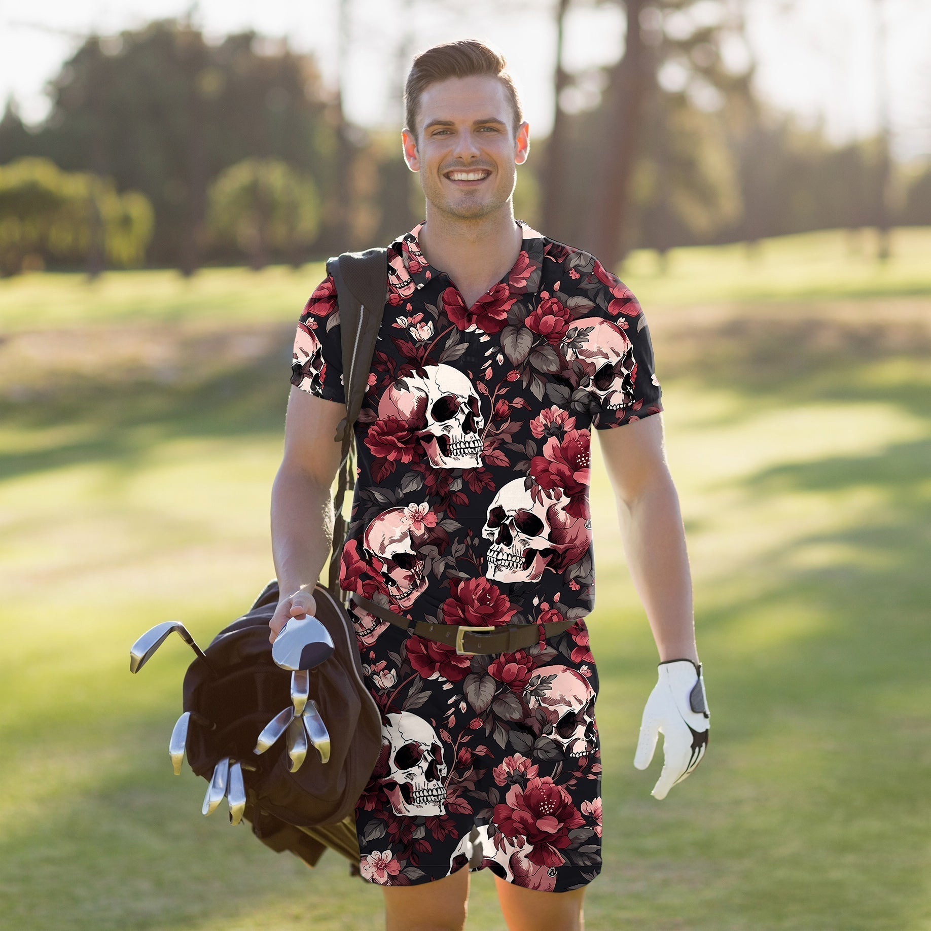 Men's Golf Set with Halloween floral skull design polo and shorts, moisture-wicking, stretchy, wrinkle-resistant, UPF 40+ protection, classic fit
