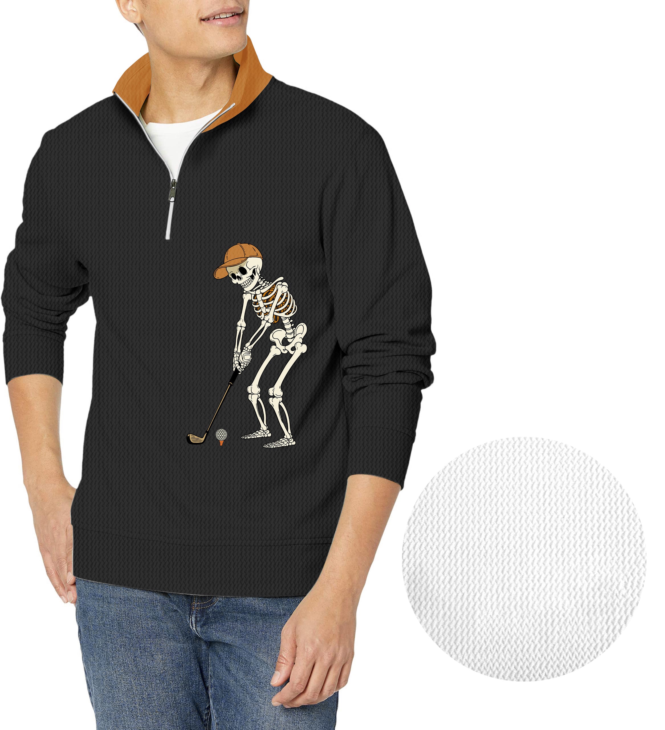 Men's black waffle zipper pullover with pumpkin skeleton golf design for Halloween