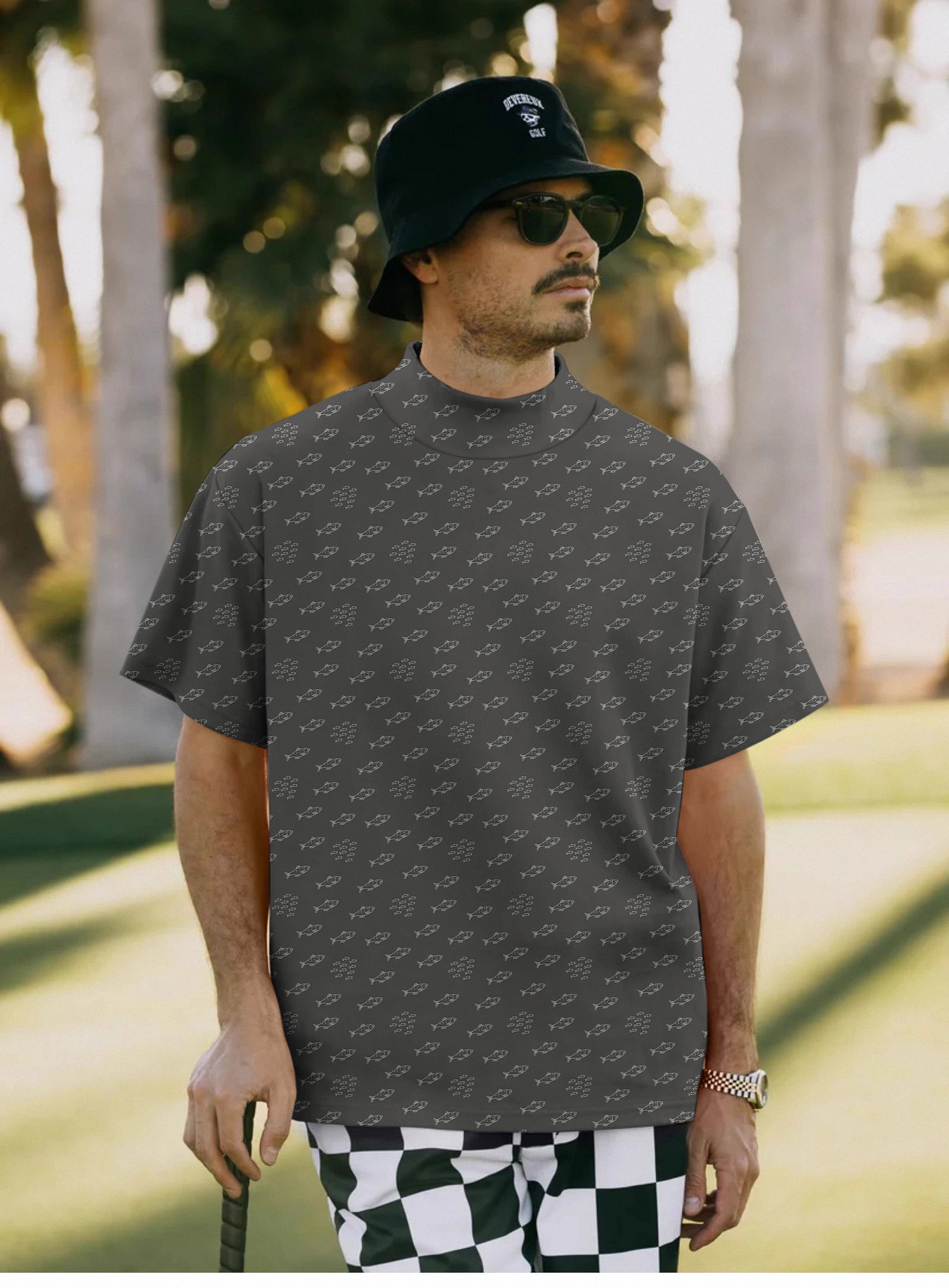Men's Minimal Fish Sketch Mock Neck Long/Short Sleeve Golf Tops