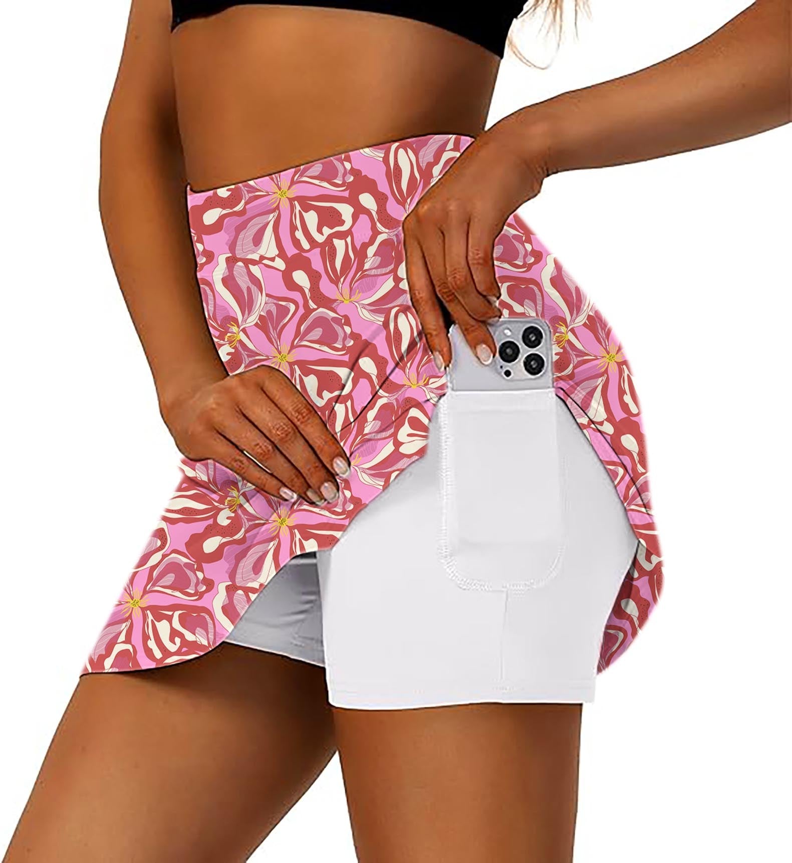 Women's Sunset Blossom golf skirt with inner shorts and phone pocket, pink floral design