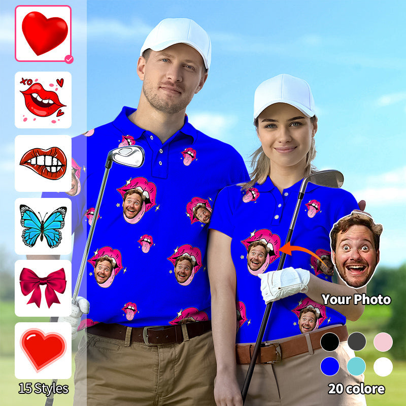 Valentine's Day custom photo royal couple golf polo shirts with personalized face print and comfortable stretchy fabric