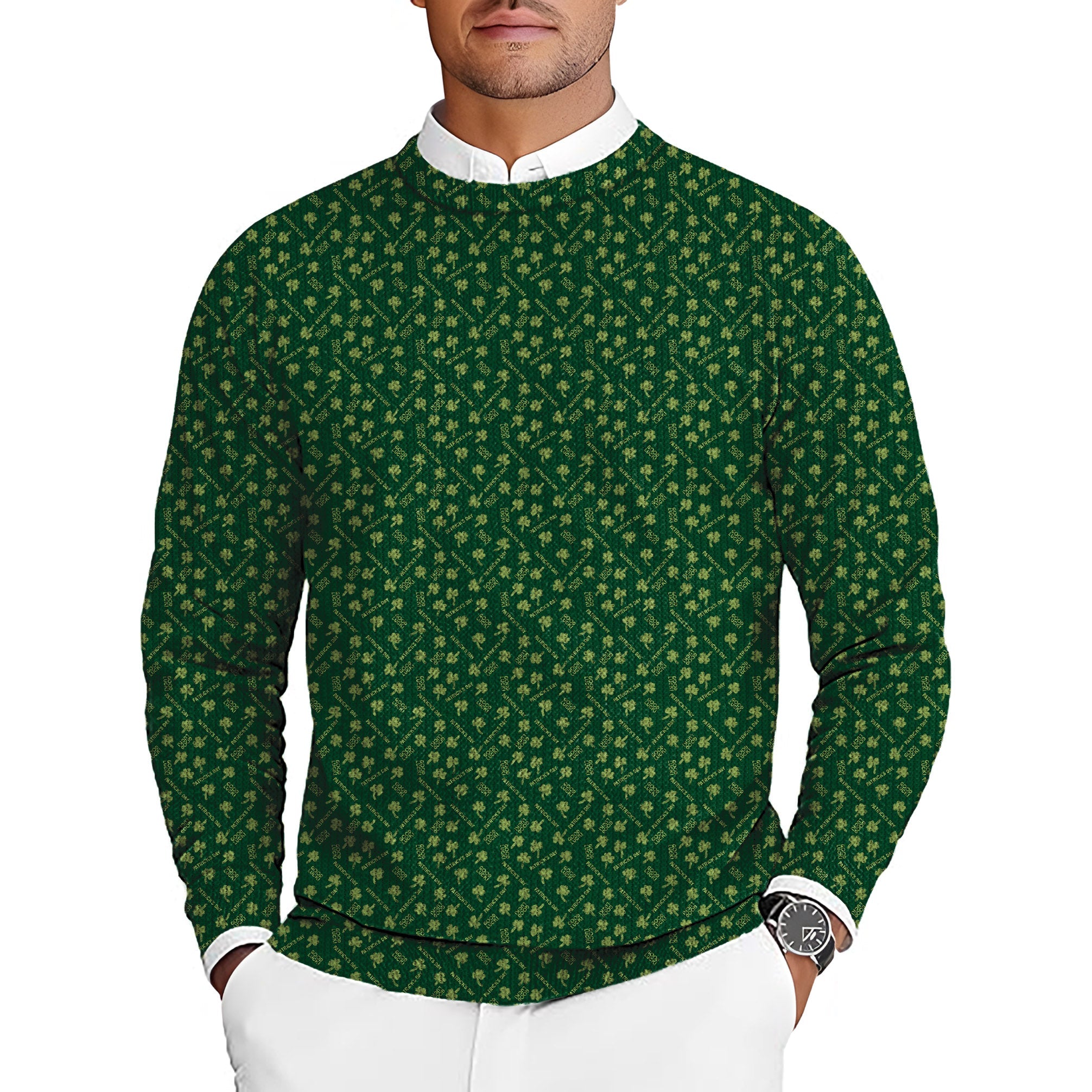 Men's green crewneck pullover sweater with leaf clover pattern for St. Patrick's Day golf tournaments