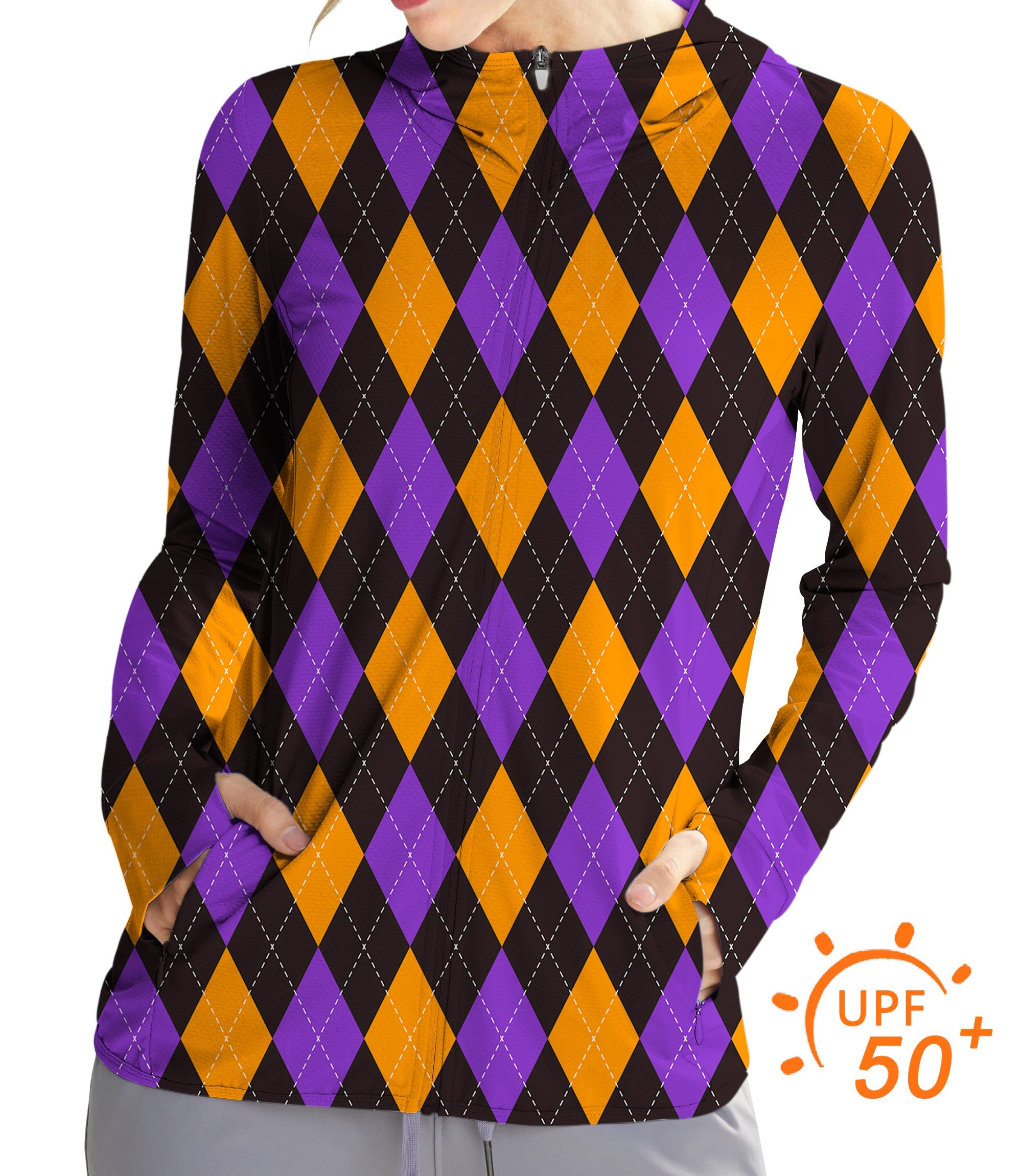 Women’s outdoor slim fit zip hoodie with orange purple black argyle pattern and UPF 50+ sun protection