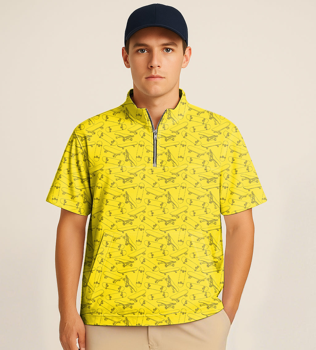 Yellow half zipper turtleneck golf shirt with skateboard embroidery and short sleeves