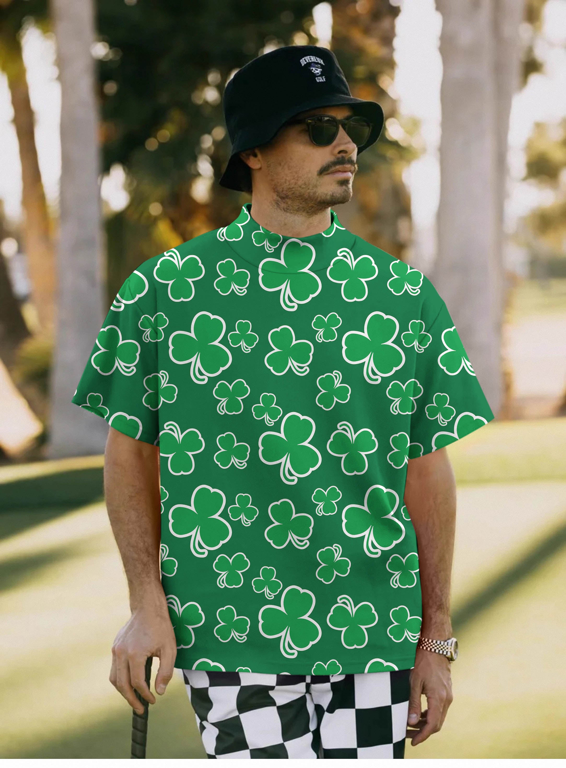Men's Leaf clover St. Patrick's Day Pullover High neck Long/Short sleeve T-Shirt
