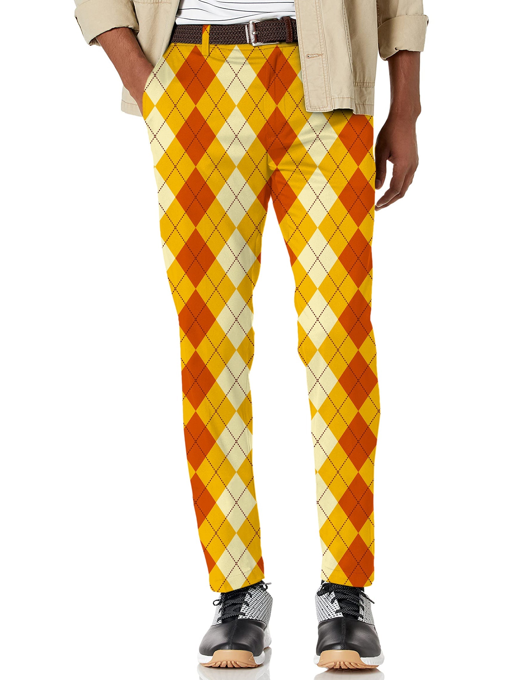 Men's Halloween light yellow red argyle stretch golf pants with moisture-wicking fabric and active waistband