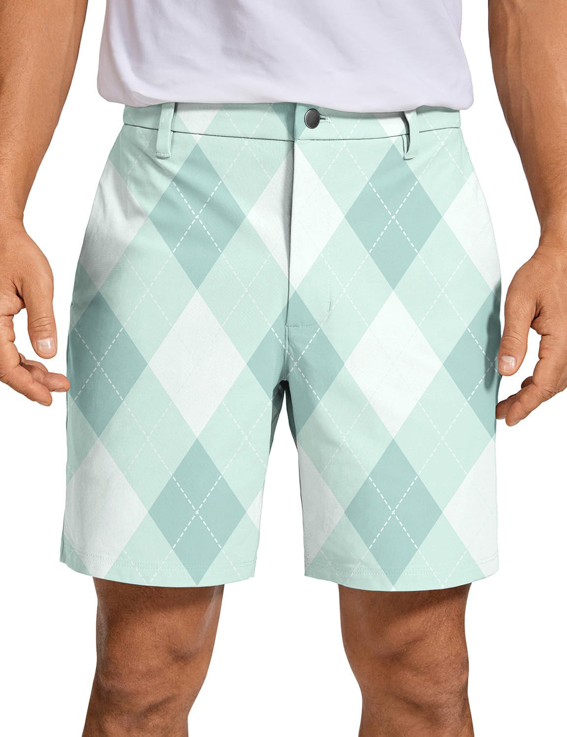 Men's green argyle golf shorts with quick-dry, breathable, lightweight fabric and wrinkle-free design.