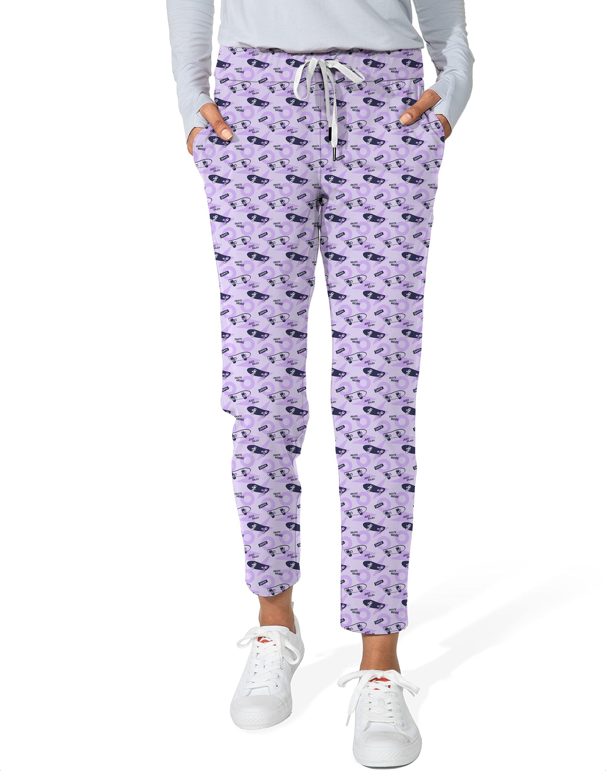 Purple Skate More Women's 7/8 stretch ankle golf pants with purple skate pattern and white drawstring