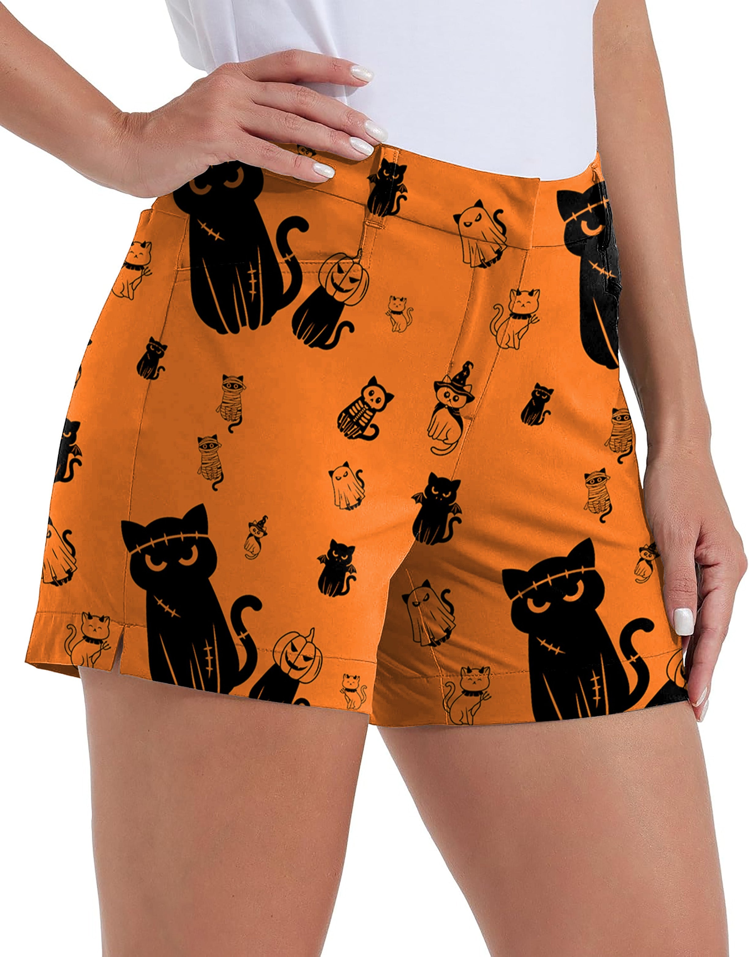 Halloween cute cat patterned women's quick-dry orange golf shorts with pockets