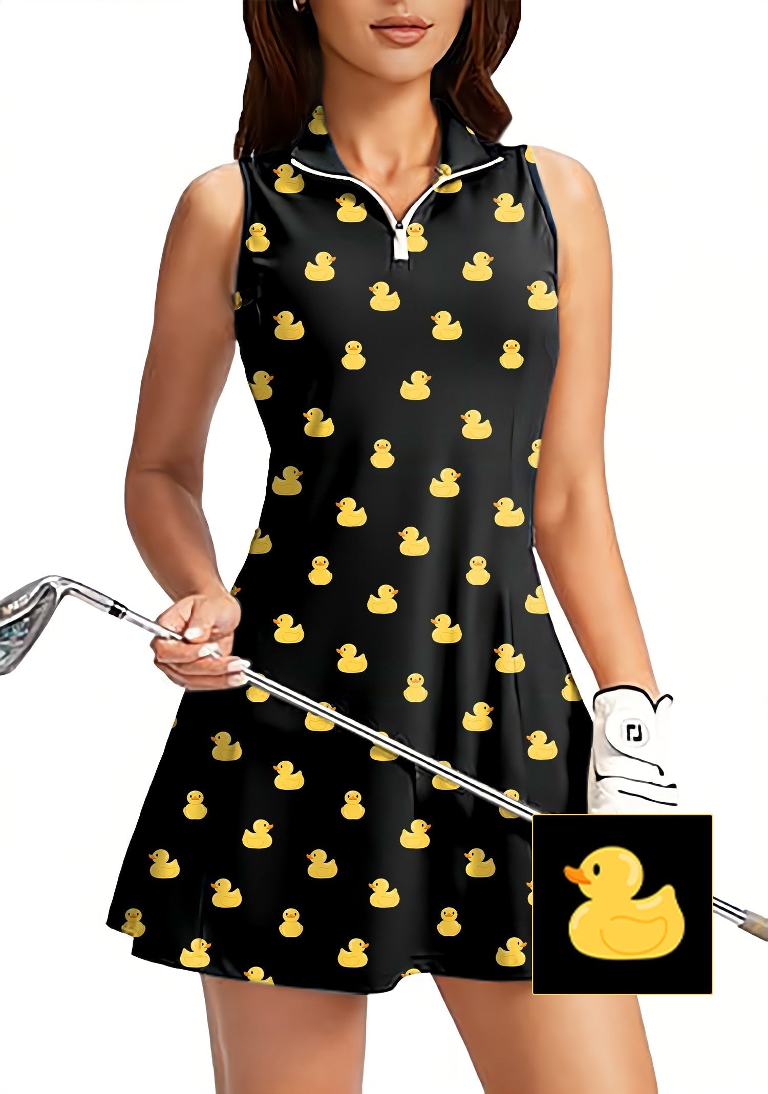 Women's sleeveless golf dress with yellow rubber duck pattern and built-in shorts