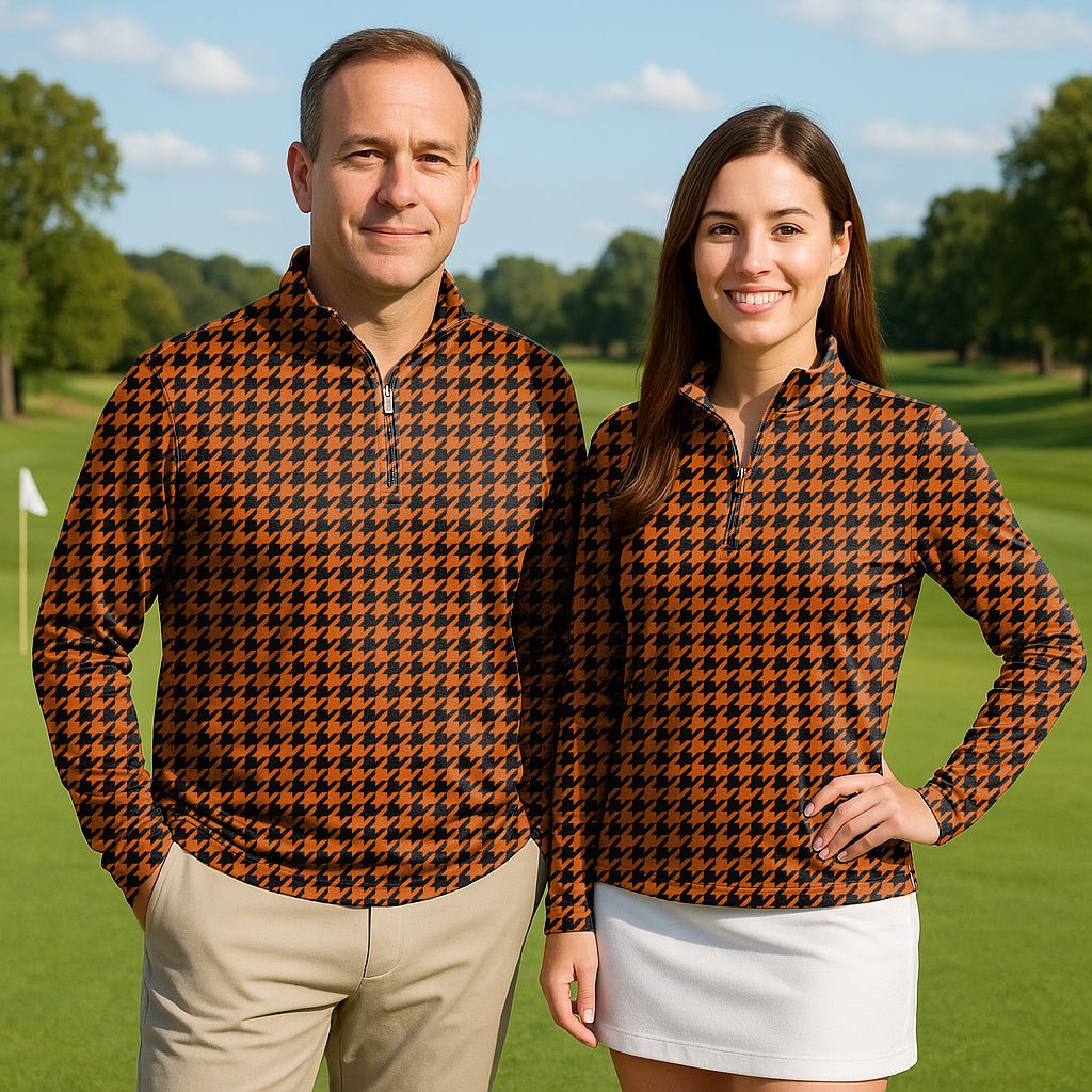 Halloween yellow and black houndstooth Couple Golf Active 3/4 Zipper Top Long Sleeves