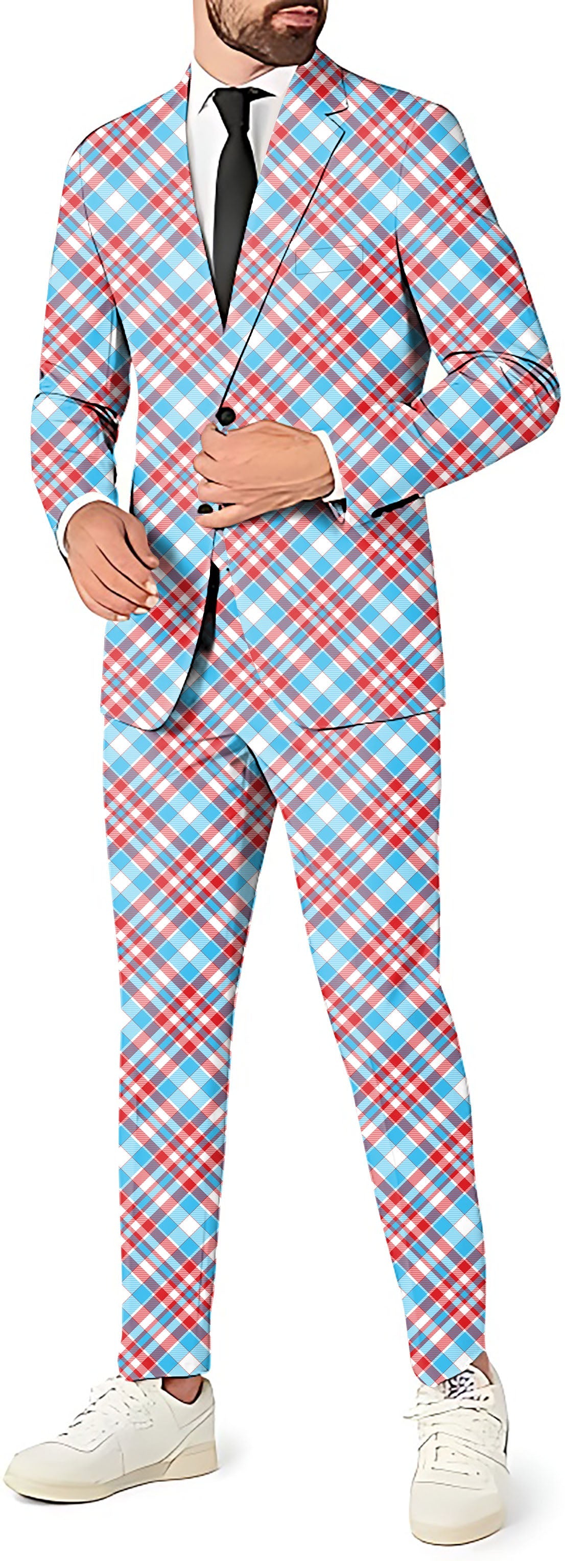 Men's party costume argyle red and blue blazer and pants suit set