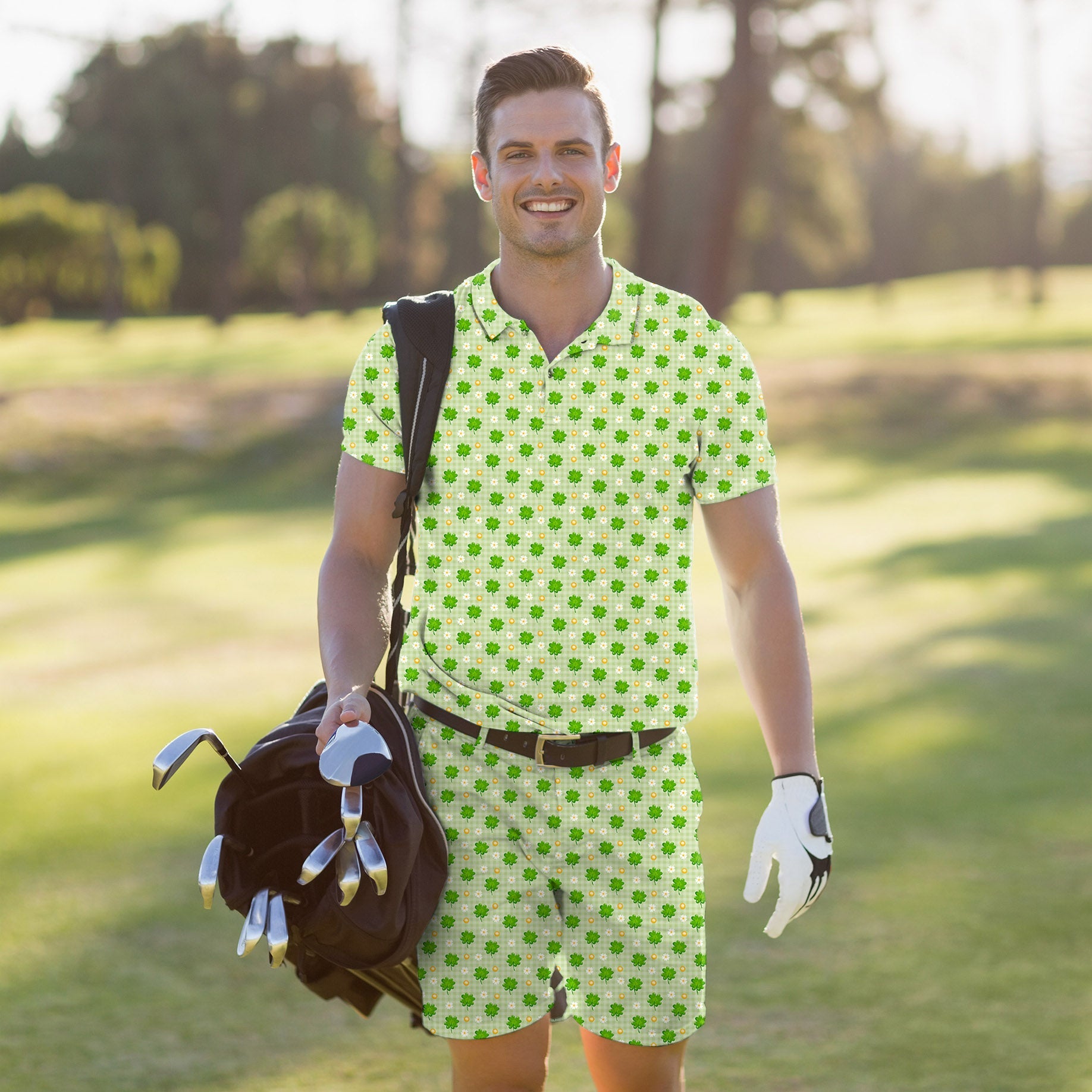 Men's golf set polo shirt and shorts with green leaf clover pattern for St. Patrick's Day, moisture-wicking and wrinkle-resistant fabric