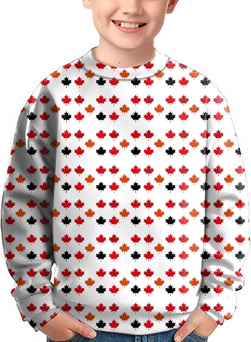 Canada Four Color Maple Leaves crewneck pullover with red, orange, and black maple leaf pattern for kids