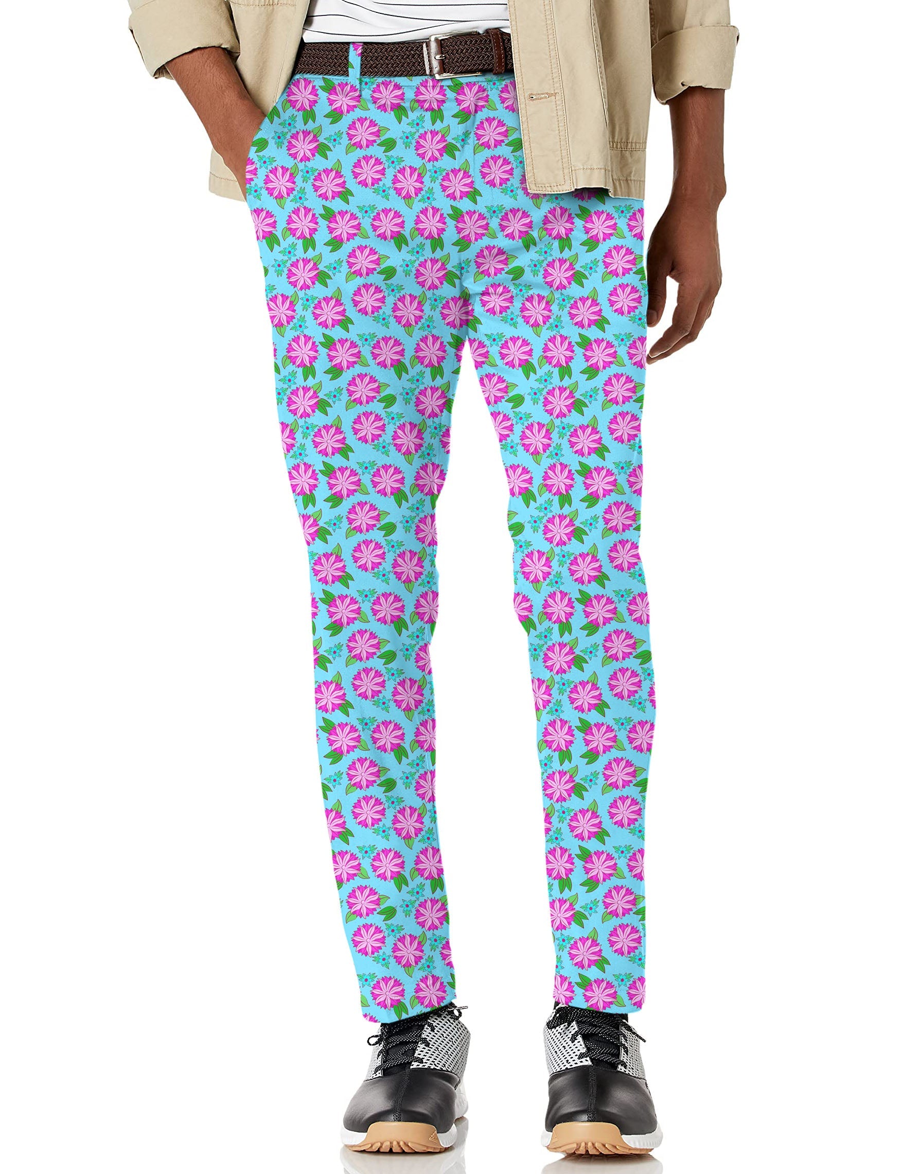 Men's flower stretch golf pants with bright floral pattern, lightweight and wrinkle-resistant fabric designed for comfort and performance.