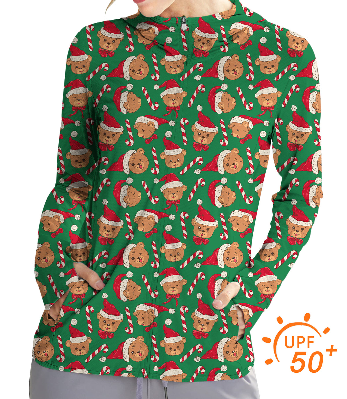 Women's Outdoor Green Christmas Teddy Bear Golf Sun Protection Slim Fit zip hoodies