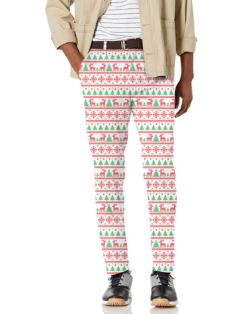 Men's Christmas red and blue tree patterned stretch golf pants with moisture-wicking fabric and active waistband