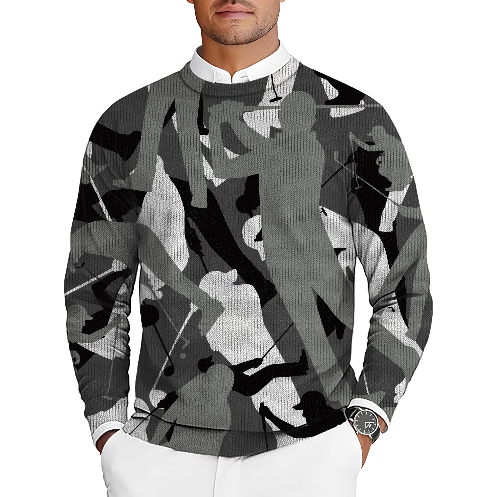 Black and white golf crewneck pullover sweater with golfer silhouette pattern