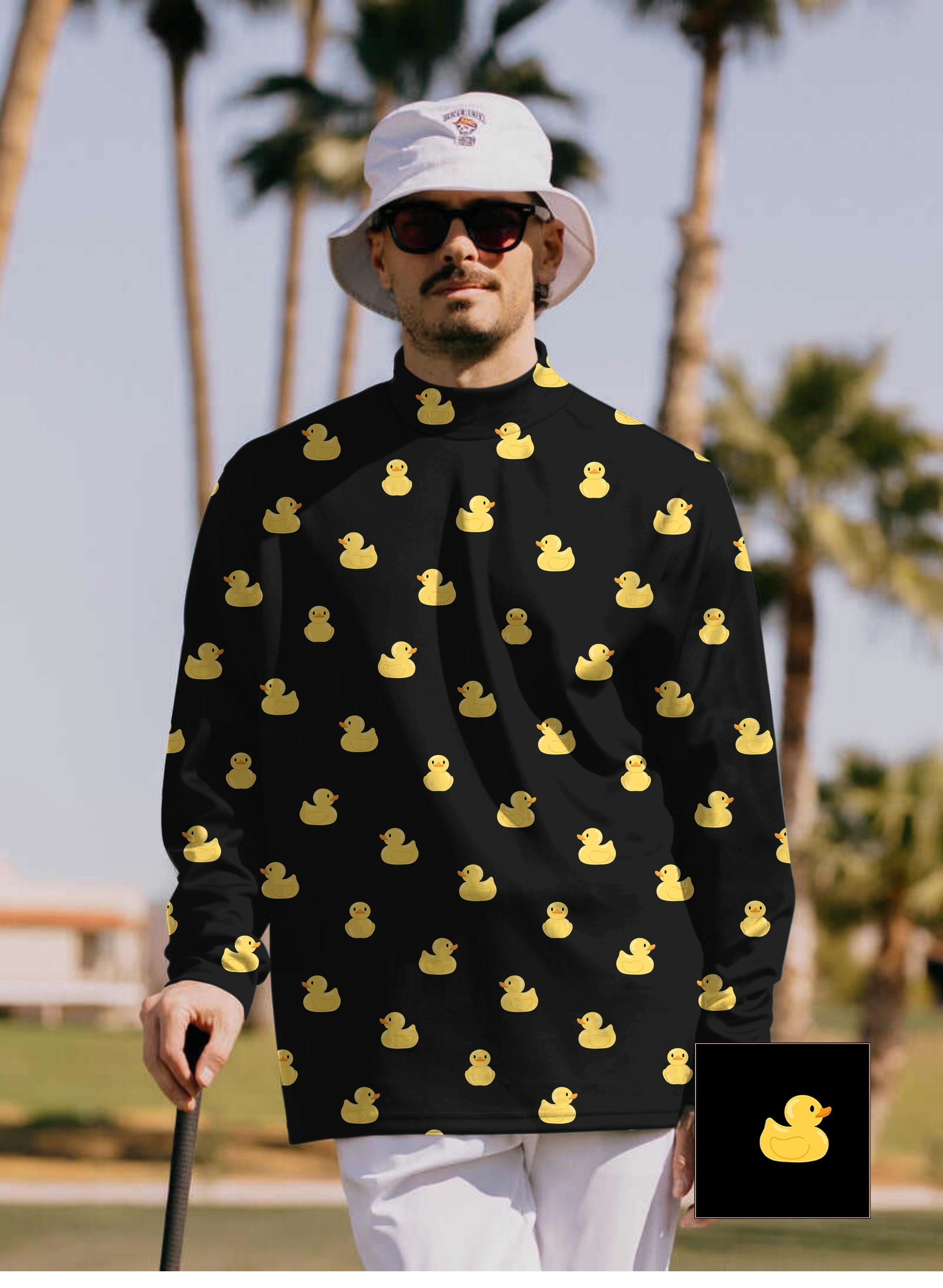 Men's yellow rubber duck pullover with high neck and long sleeves, custom golf team shirt