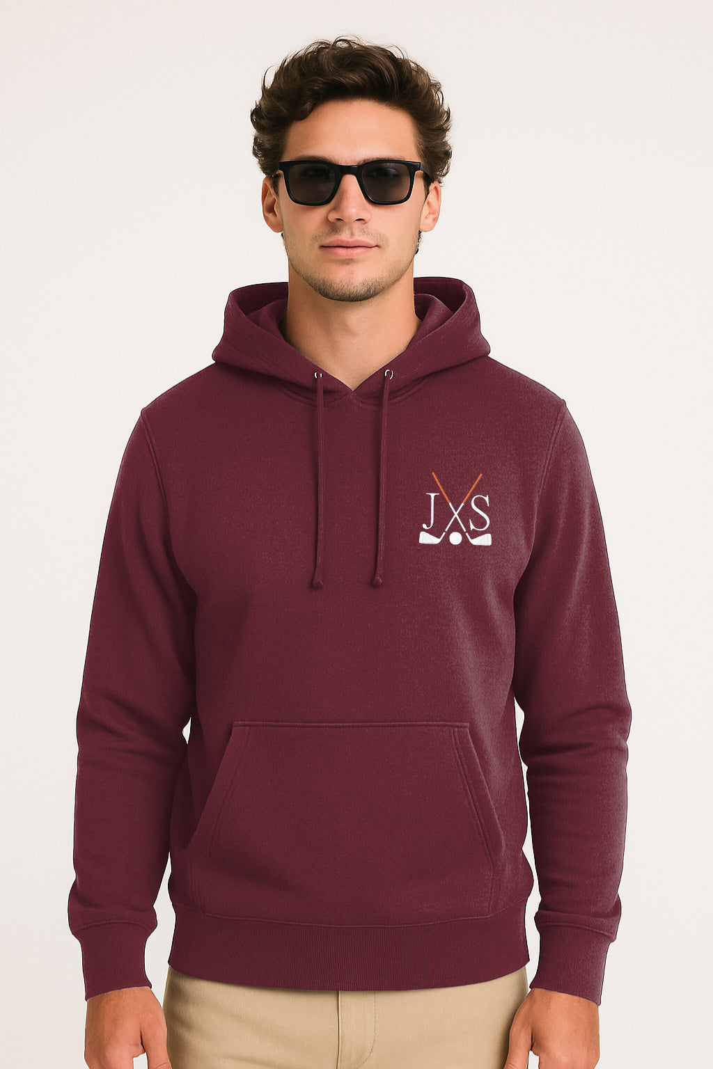 Dark red embroidery plus size men's hoodie with three-panel hood and front pouch pocket