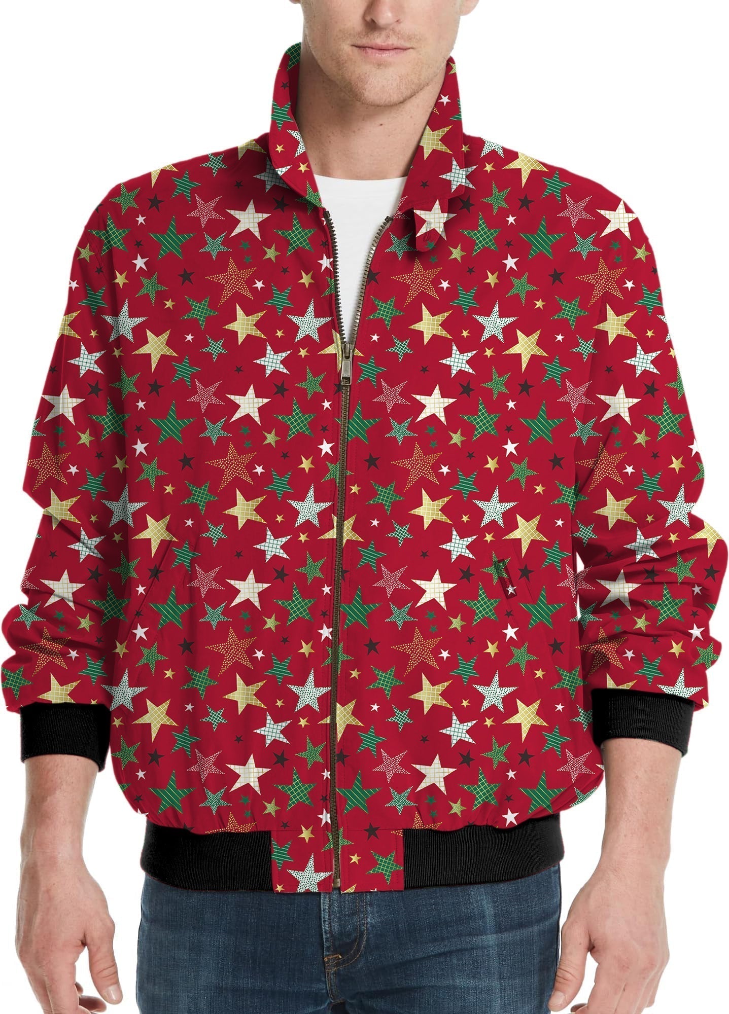 Colorful Stars Christmas men's golf windbreaker jacket with star pattern on red background