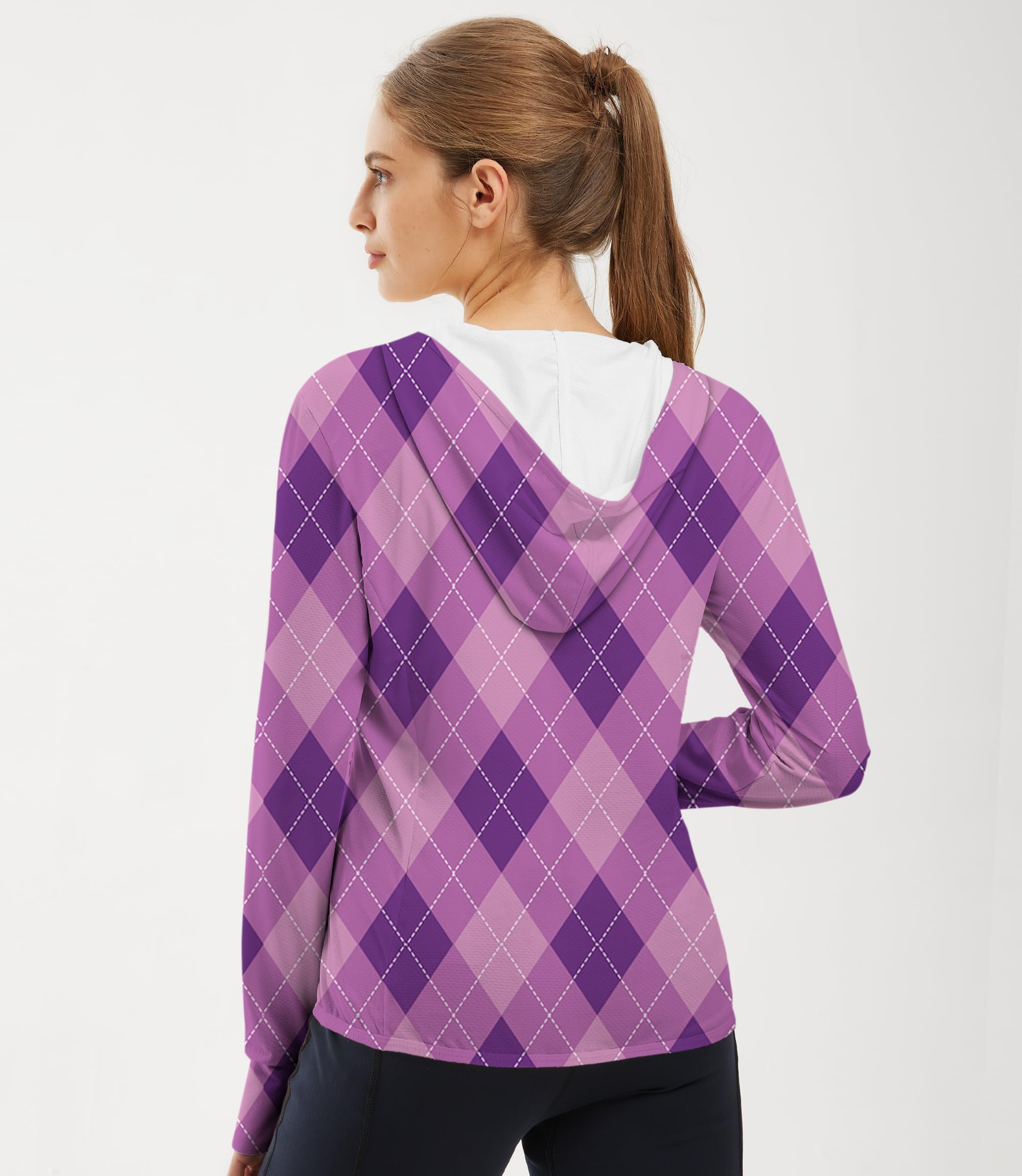 Women's outdoor purple argyle golf sun protection slim fit zip hoodie with breathable, quick-dry fabric and thumb holes