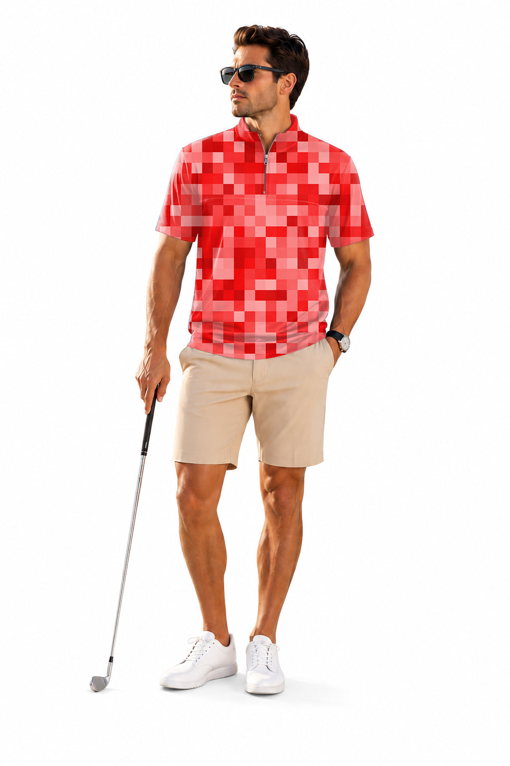 Men's Short Sleeve Quarter Zip Golf Pullover Red Pixel-Big Embroidery