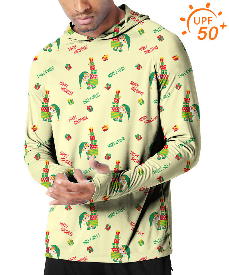 Men's Outdoor Christmas Little Green Man slim fit hoodie with UPF 50+ sun protection and festive print