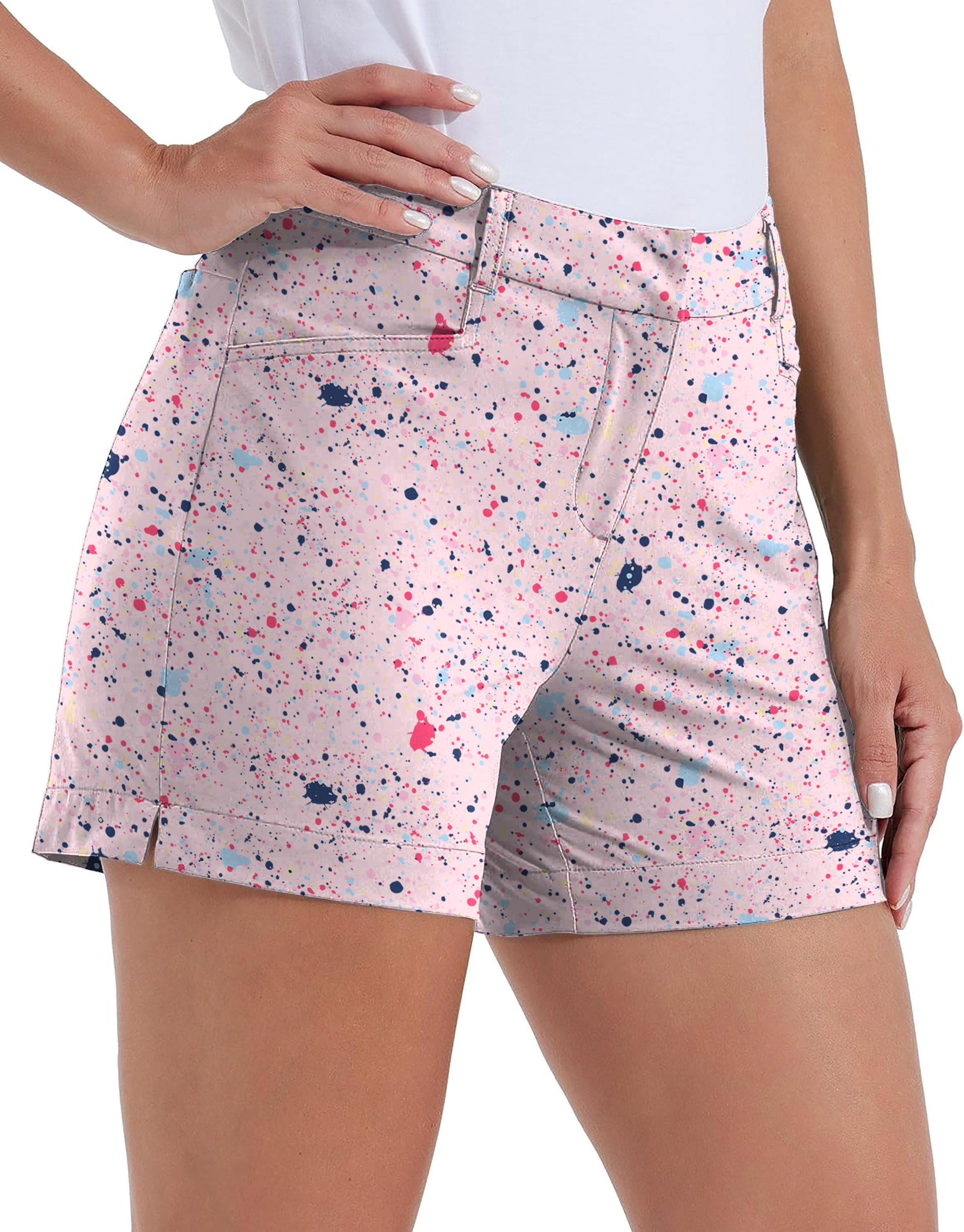 Women's pink golf shorts with black and blue ink dots, quick-drying, casual with pockets